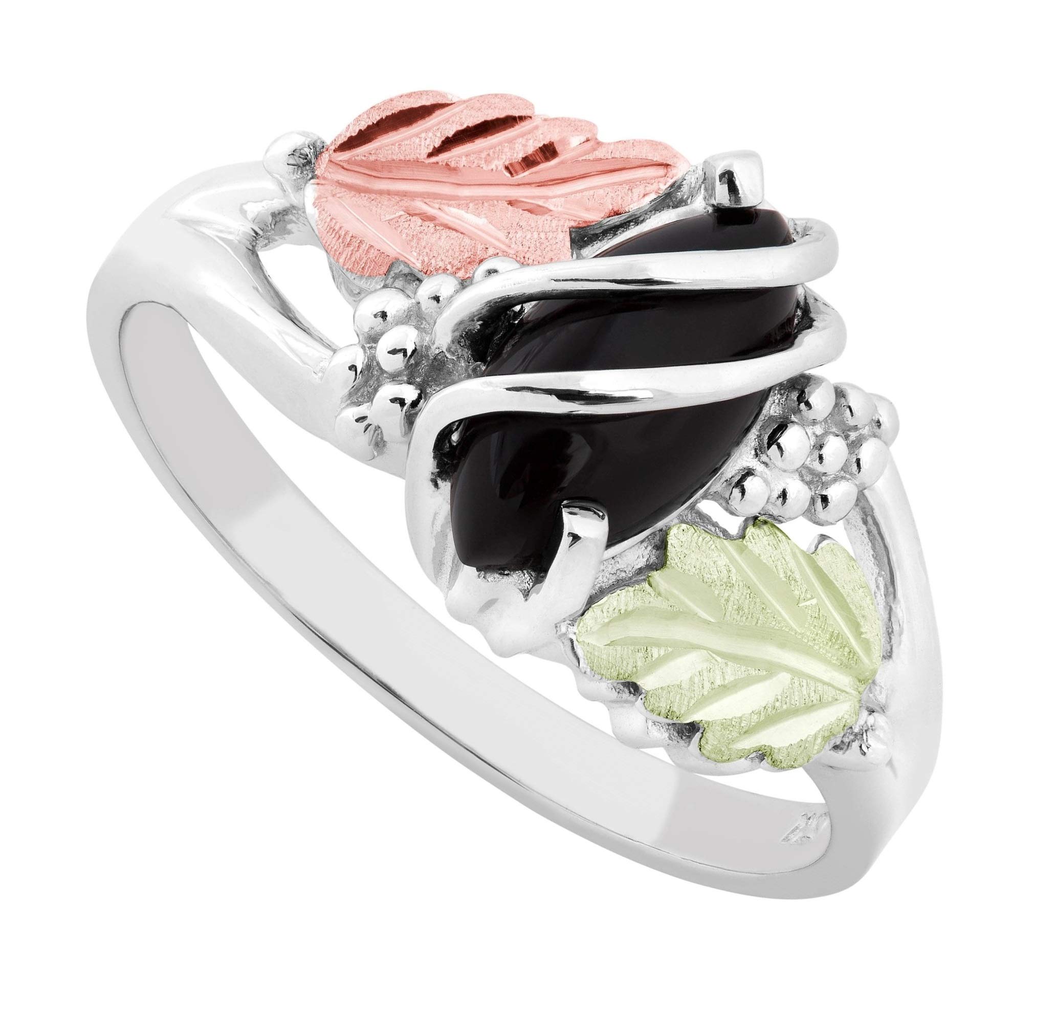 Elegant Marquise Onyx Double Wrap Ring - Sterling Silver with 12k Green & Rose Black Hills Gold Accents - Perfect for Weddings, Parties & Special Occasions