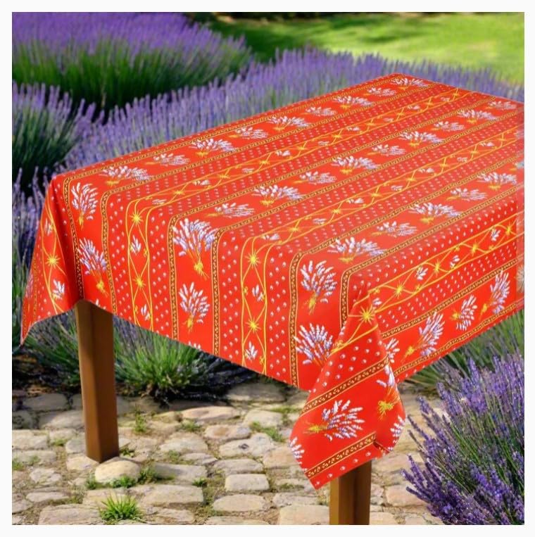 Le Cluny Lavender Red French Coated Cotton Tablecloth - 100% Cotton 60x60 Inch Square - Perfect for Dining Tables, Kitchen Decor & Special Occasions