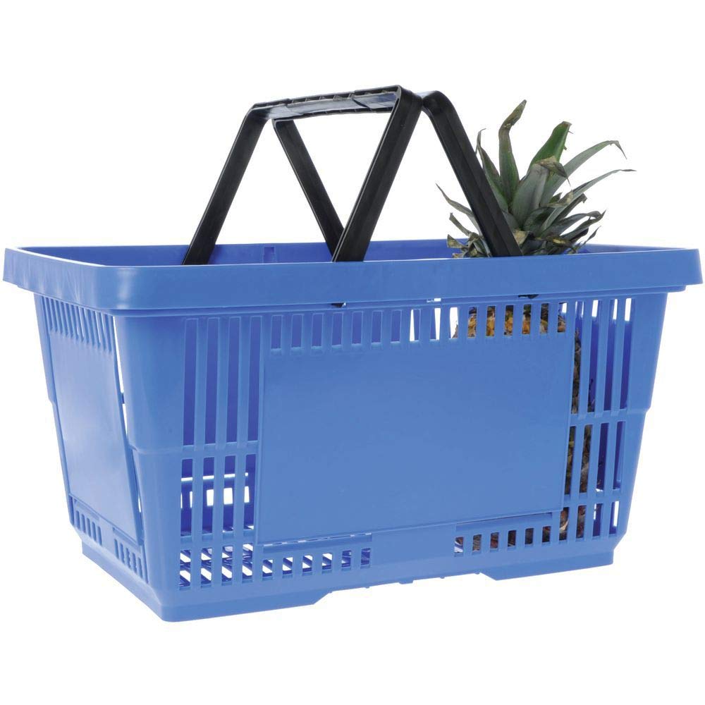 Retail Resource 28 Liter (7.4 Gallon) Blue Plastic Grocery Shopping Baskets - Set of 12 with Sturdy Metal Stand (Model 76100) - Perfect for Supermarkets, Retail Stores, Farmers Markets & Warehouse Organization