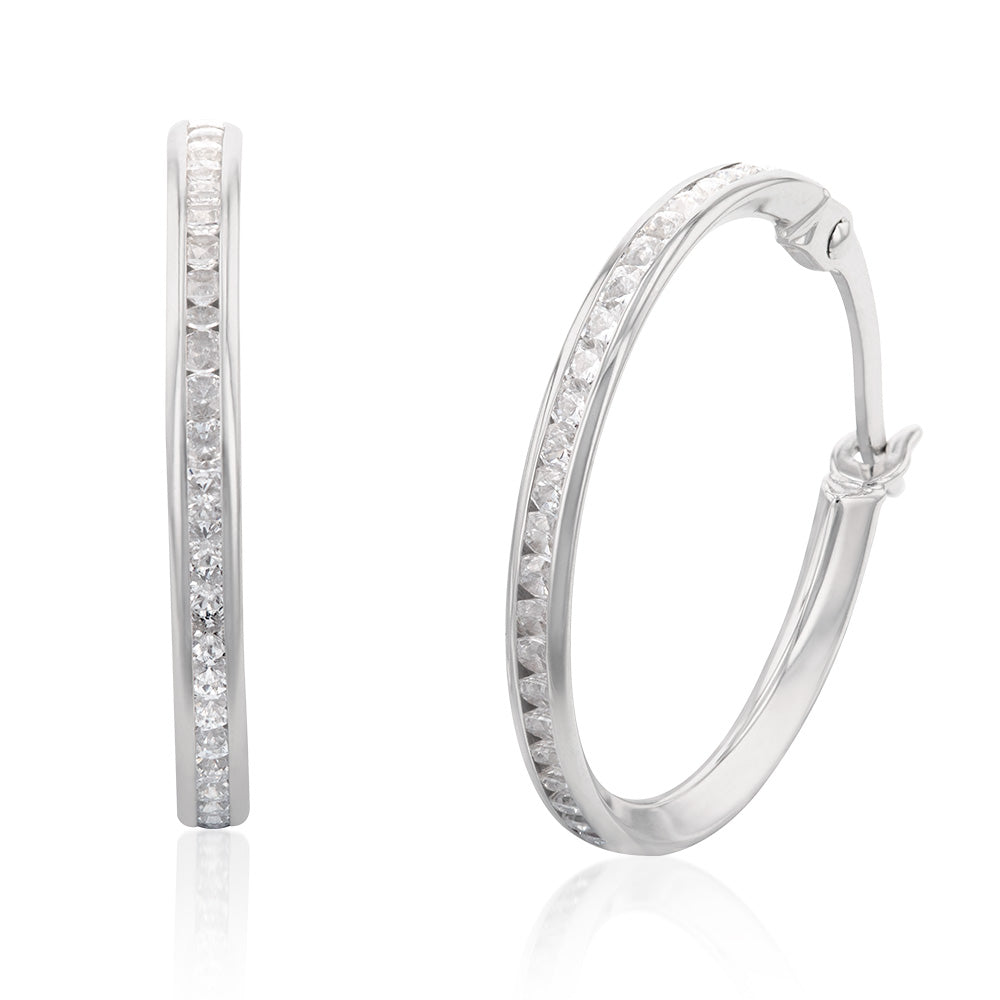 9ct White Gold 15mm Cubic Zirconia Hoop Earrings for Women - Elegant CZ Studded Circle Earrings for Everyday Wear & Special Occasions