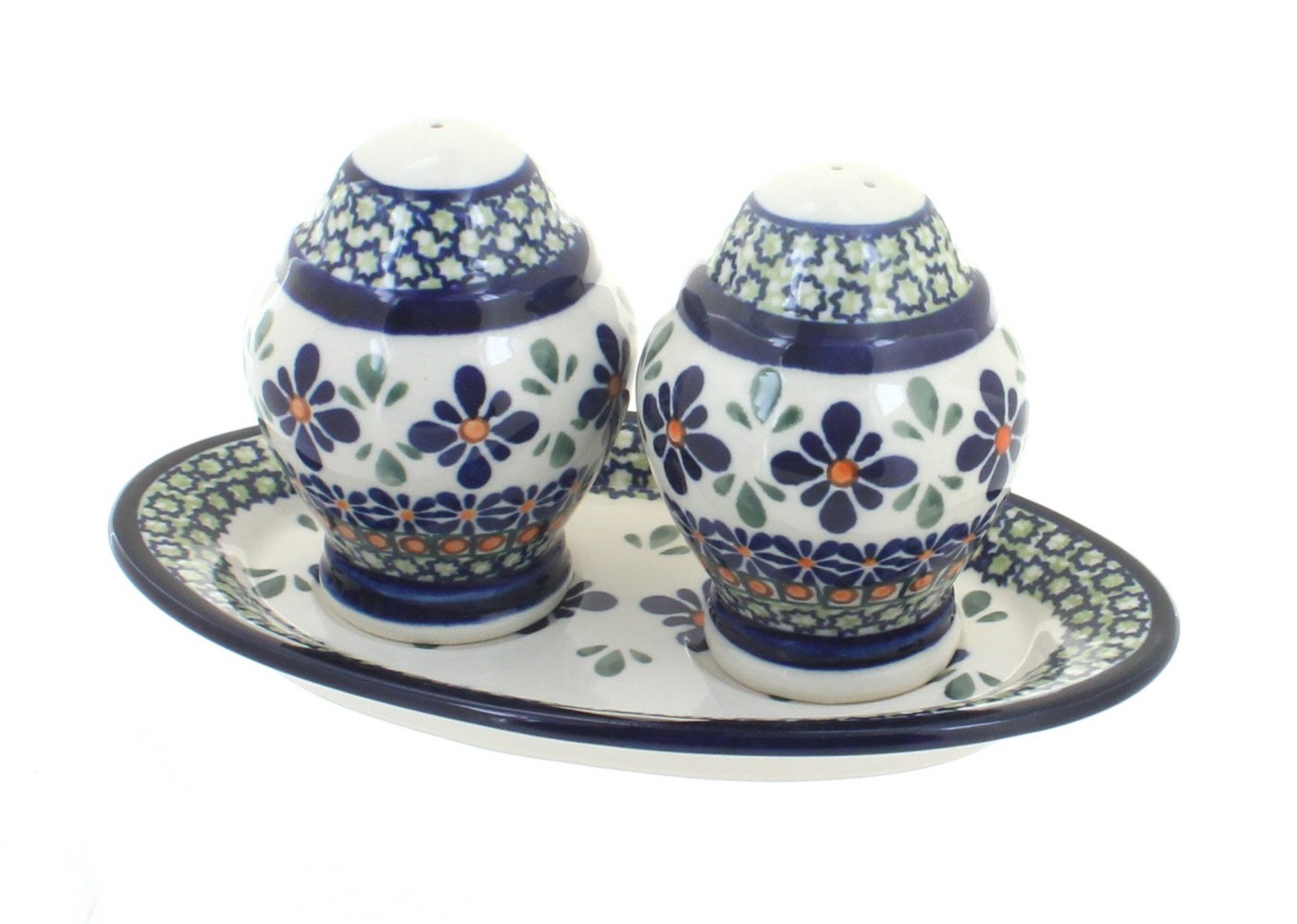 Blue Rose Polish Pottery Mosaic Flower Salt and Pepper Shakers Set with Ceramic Dish - Elegant Dining Table Decor for Kitchen, Restaurant, and Home Use