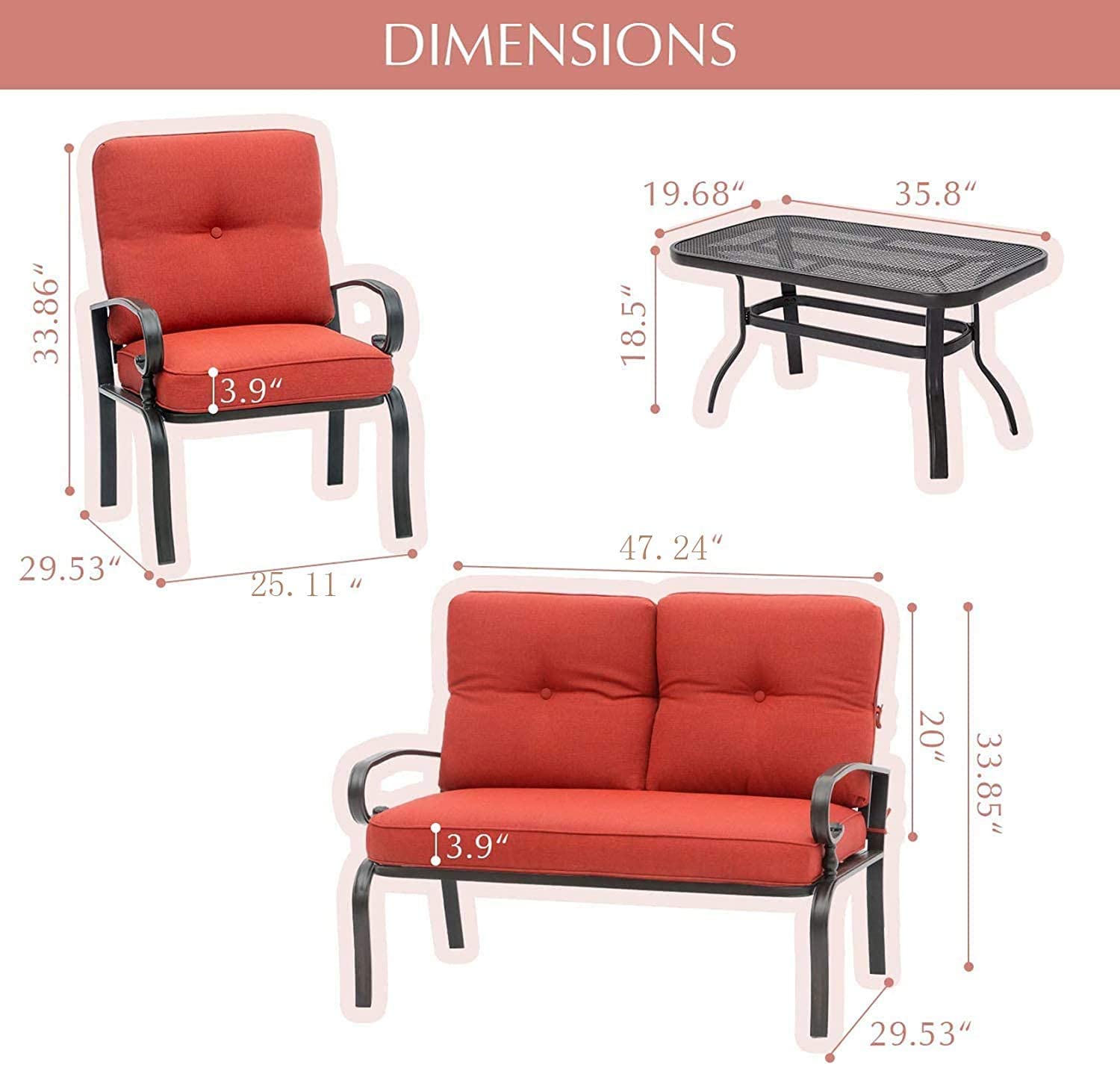 Outdoor Patio Conversation Set - 2 Chairs, Loveseat & Coffee Table with Cushions, Wrought Iron Look Metal Furniture for Garden, Lawn, Front Porch (Red) - Perfect for Backyard Relaxation & Outdoor Entertaining