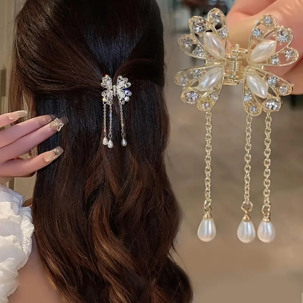 RSJ TRADERS - Elegant Stone Hair Clips for Women & Girls | Pearl Butterfly Wedding Hair Clutch | Metal Hair Accessories for Bridal, Party & Everyday Use