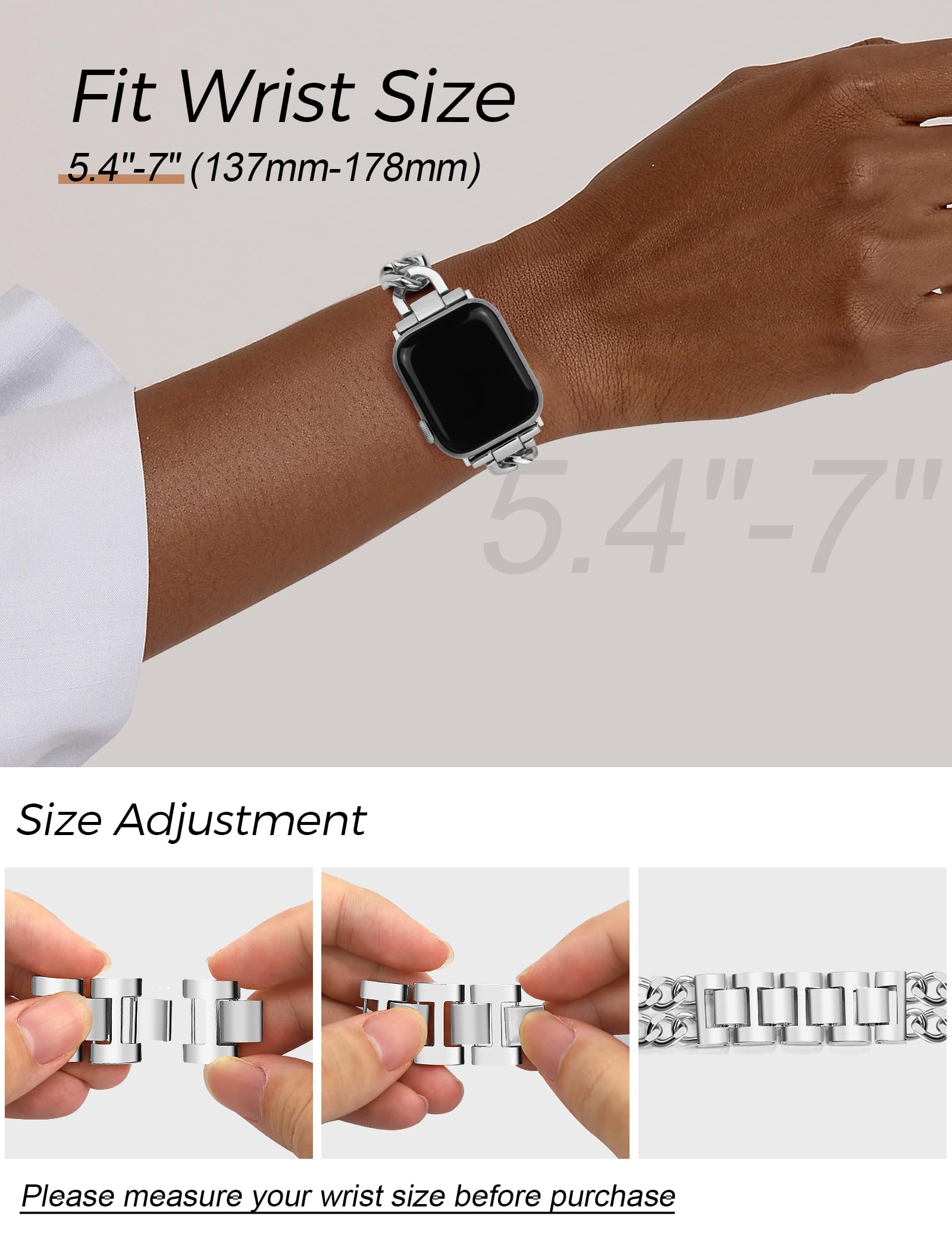 JR.DM Silver Stainless Steel Watch Band for Women - Compatible with Apple Watch 38mm/40mm/41mm/42mm (Series 10/9/8/7/6/5/4/3/2/1/SE) - Adjustable Metal Bracelet with Cowboy Chain Design - Perfect for Work, Gym & Everyday Wear