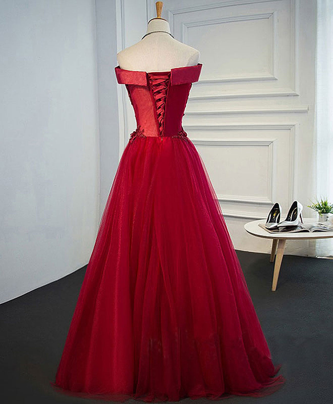 Elegant Burgundy Lace Tulle Long Prom Dress | Off Shoulder Evening Gown for Women | Perfect for Homecoming, Formal Dances & Special Occasions