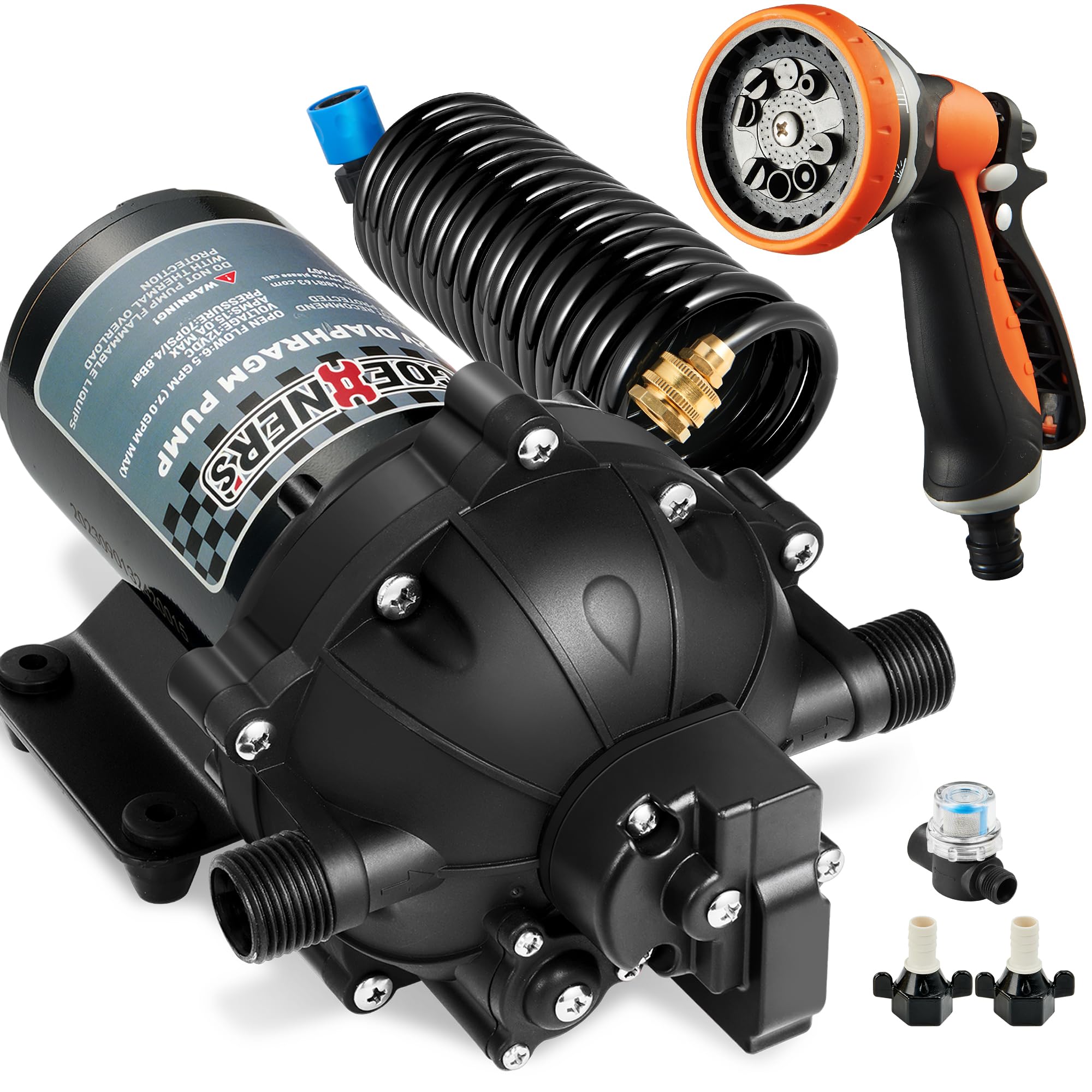 Upgraded 12V DC Fresh Water Pump with Spray Gun - 6.5GPM 70PSI 5-Chamber Self-Priming Diaphragm Pump, Heavy Duty Pressure Switch & Strainer - Perfect for RV, Marine, Off-Grid Water Systems & Agricultural Spraying