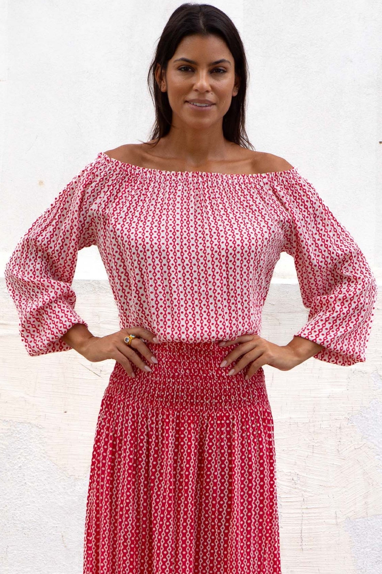 Ilana Long Sleeve Frill Blouse for Women - Elegant Santorini White & Red Floral Print Top | Perfect for Date Night, Office Wear & Spring Fashion