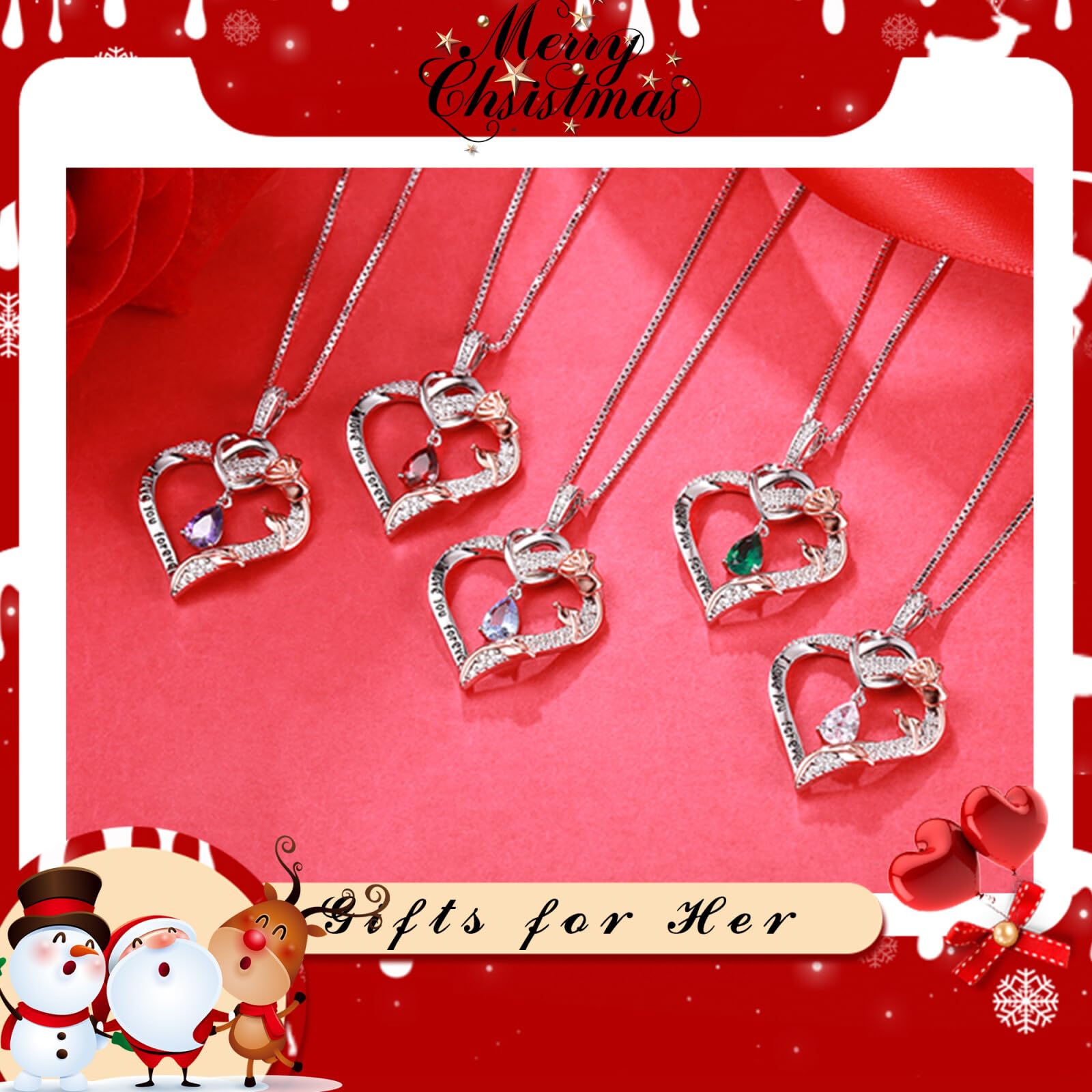925 Sterling Silver Rose Heart Birthstone Necklace for Women - Personalized 