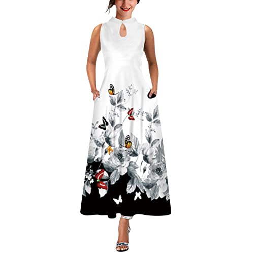 Women's Summer Sleeveless Floral Print Maxi Dress - Boho Beach Sundress with Pockets, Stand Neck Loose Long Dress (Grey, XXL) - Perfect for Beach Vacations, Summer Parties & Casual Outings