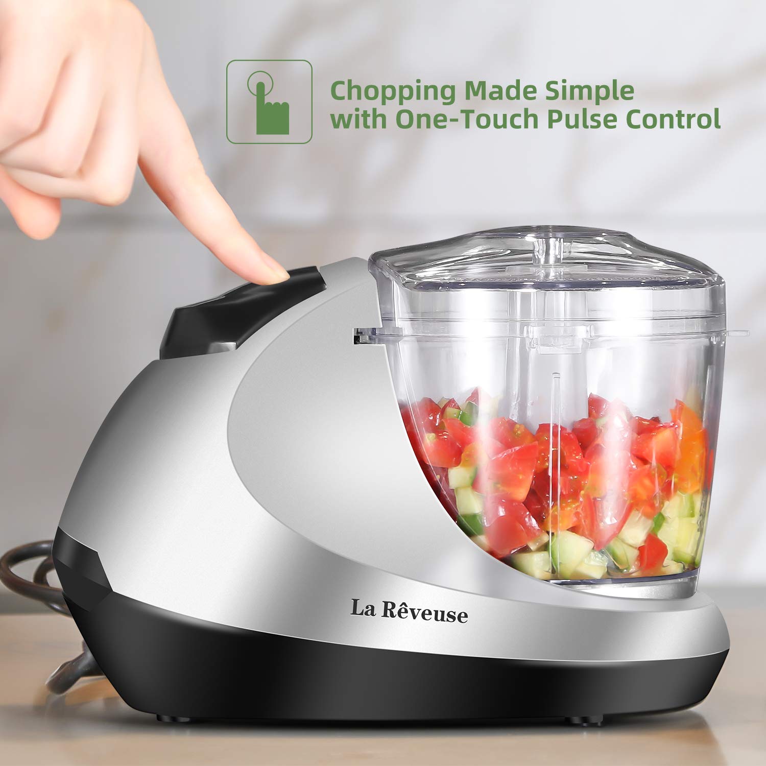 La Reveuse Electric Mini Food Chopper - 1.3 Cup Small Food Processor for Vegetables, Fruits & Meat - Compact Kitchen Helper for Smoothies, Salsa, Baby Food & Meal Prep (Silver)
