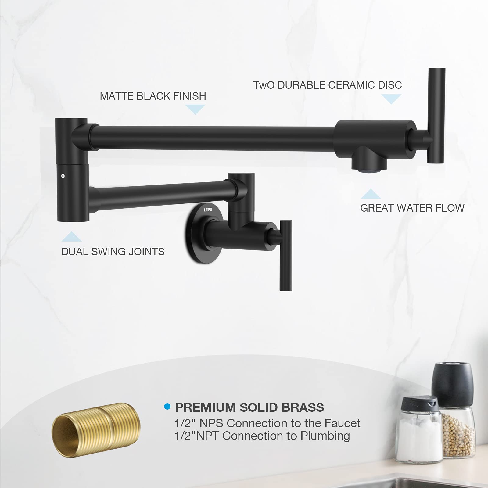 LEPO Commercial Wall Mounted Pot Filler Faucet - Solid Brass Folding Kitchen Sink Faucet with Double Joint Swing Arm, Single Hole 2 Handle Matte Black NPT - Perfect for Restaurant & Home Kitchen Use