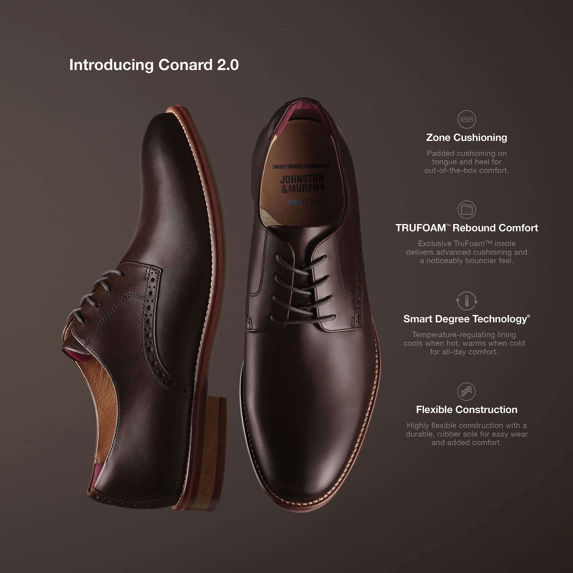 Johnston & Murphy Men’s Conard 2.0 Plain Toe Dress Shoes - Premium Italian Leather, Cushioned Footbed & Durable Rubber Sole | Comfortable Business & Formal Wear for Work, Office & Special Occasions