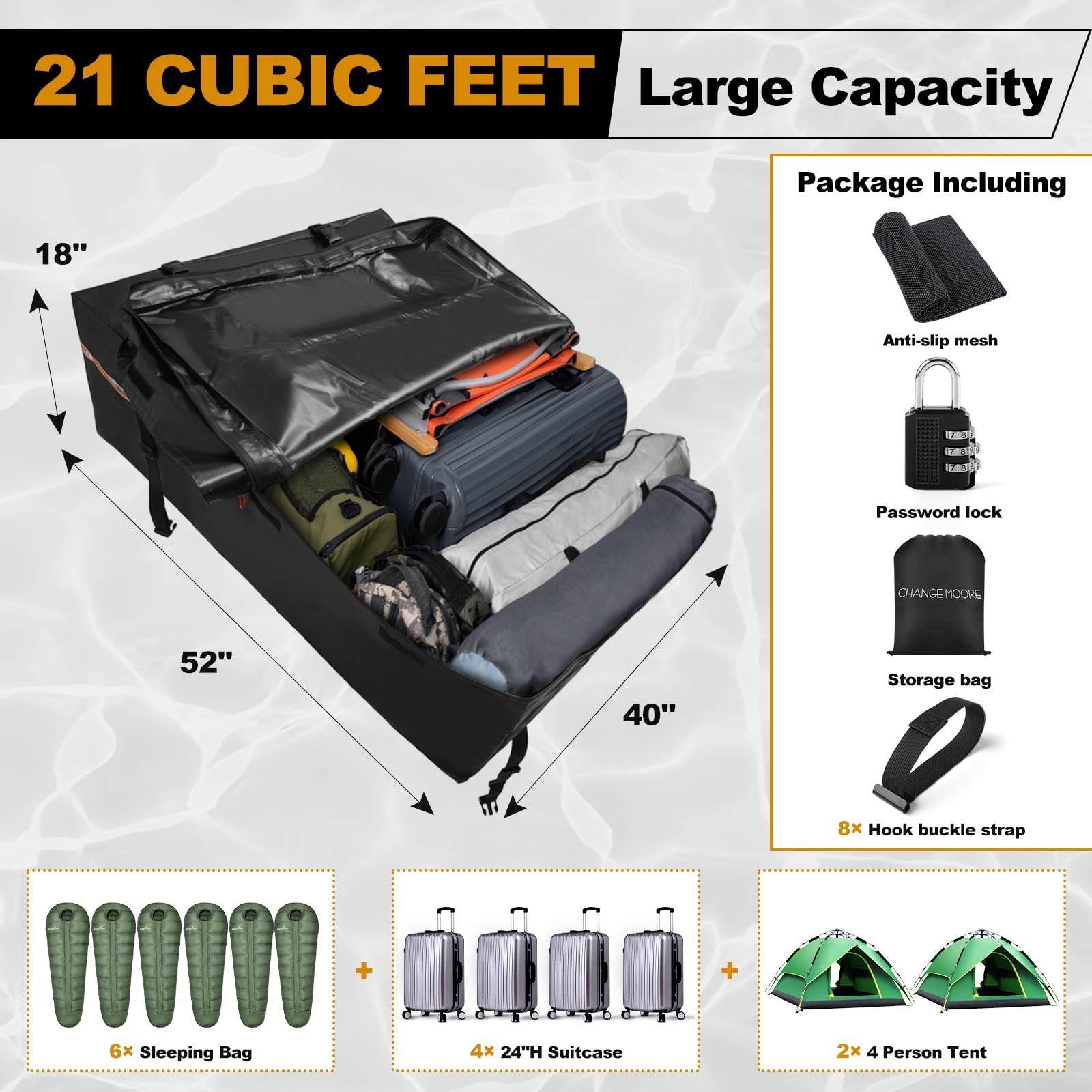 21 Cubic Feet Waterproof Rooftop Cargo Carrier Bag - 1000D Heavy Duty Car Roof Storage for SUVs, Trucks & All Vehicles (With/Without Rack) | Includes Anti-Slip Mat, 8 Door Hooks, Storage Bag & Luggage Lock | Perfect for Road Trips, Camping & Outdoor Adventures