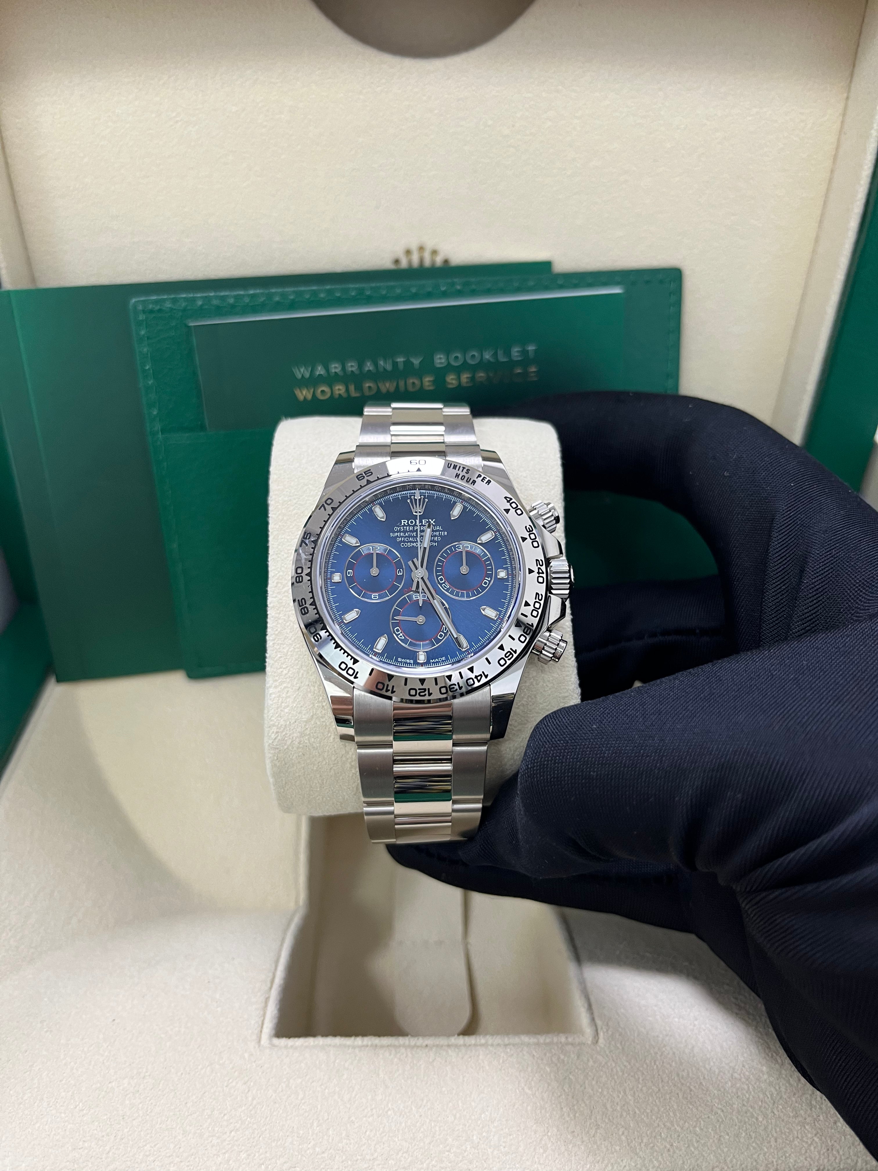 Rolex Daytona 40mm White Gold Cosmograph Watch with Blue Index Dial (Ref# 116509) - Luxury Men's Chronograph for Business, Racing & Special Occasions