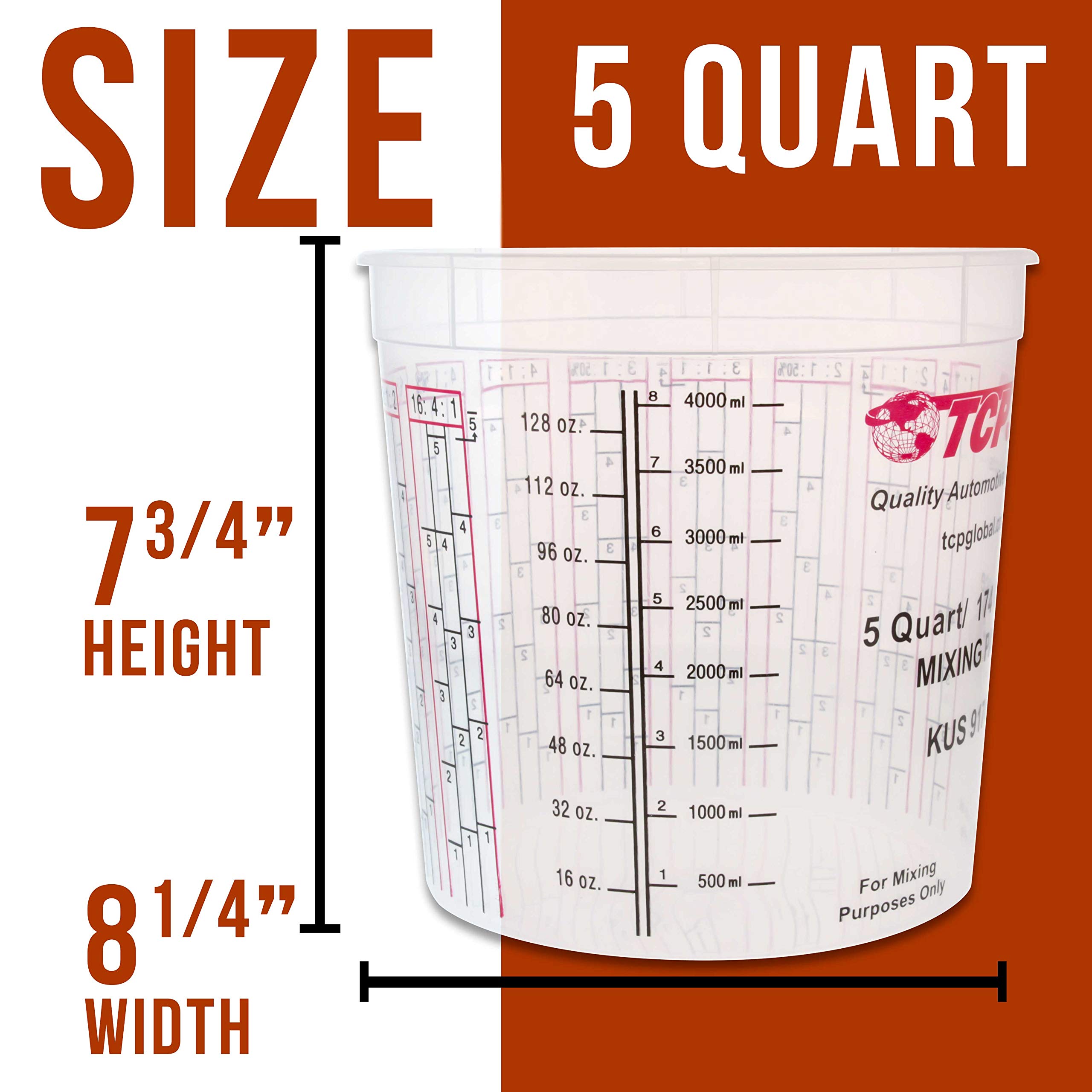 Custom Shop Paint Mixing Cups - 174oz (5-Quart) Plastic Measuring Buckets for Epoxy Resin, Automotive Painting & Crafts - Disposable/Reusable Graduated Cups with Mixing Ratios - Pack of 48 - Perfect for DIY Projects, Art Studios & Professional Auto Shops
