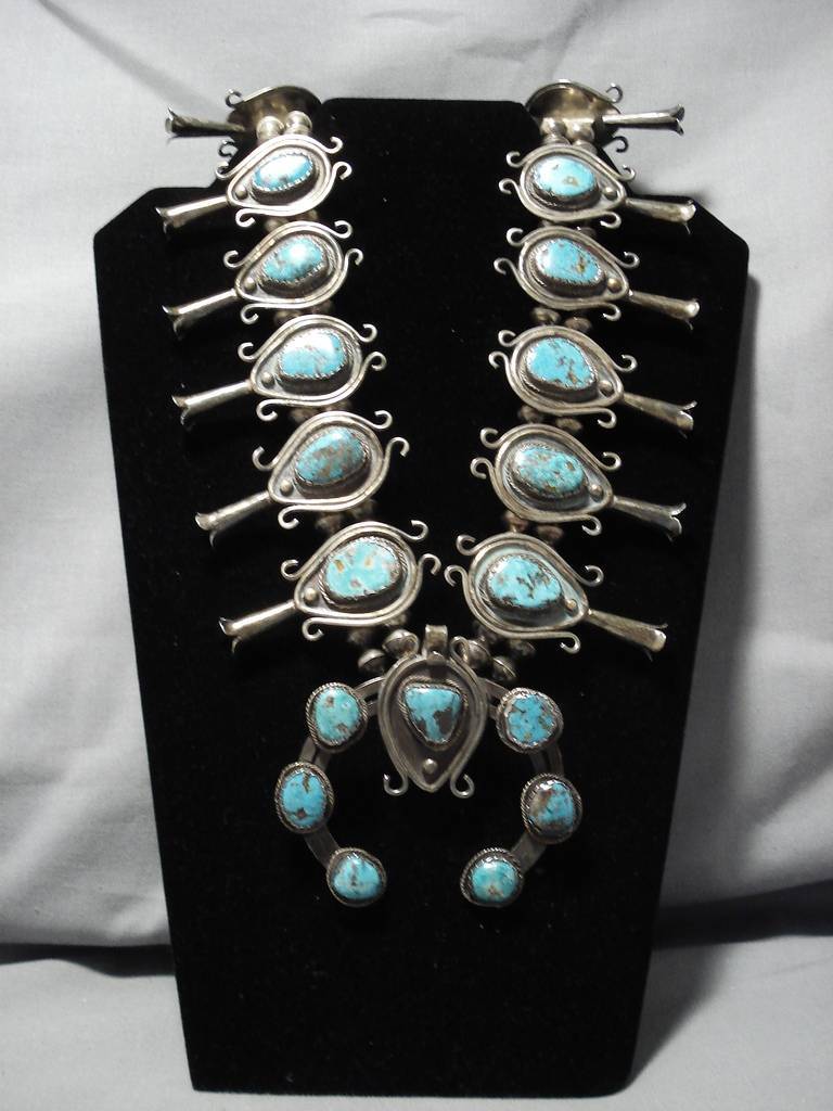Vintage Navajo Sterling Silver Turquoise Squash Blossom Necklace - 315 Gram Authentic Native American Jewelry for Women, Perfect for Boho Fashion, Weddings & Special Occasions