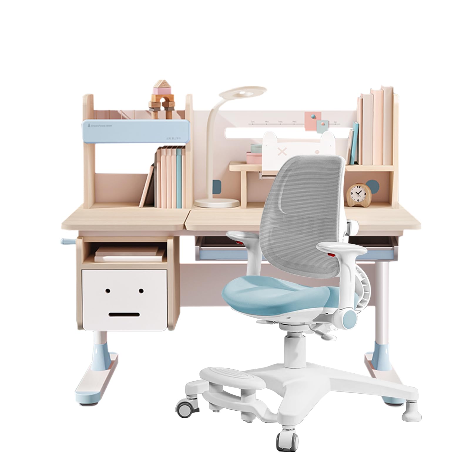Adjustable Height Kids Study Desk with Chair - Blue Wooden Drafting Table, Computer Workstation & Built-in Bookshelf Hutch - Multi-Functional Learning Furniture for Home, School & Office Use