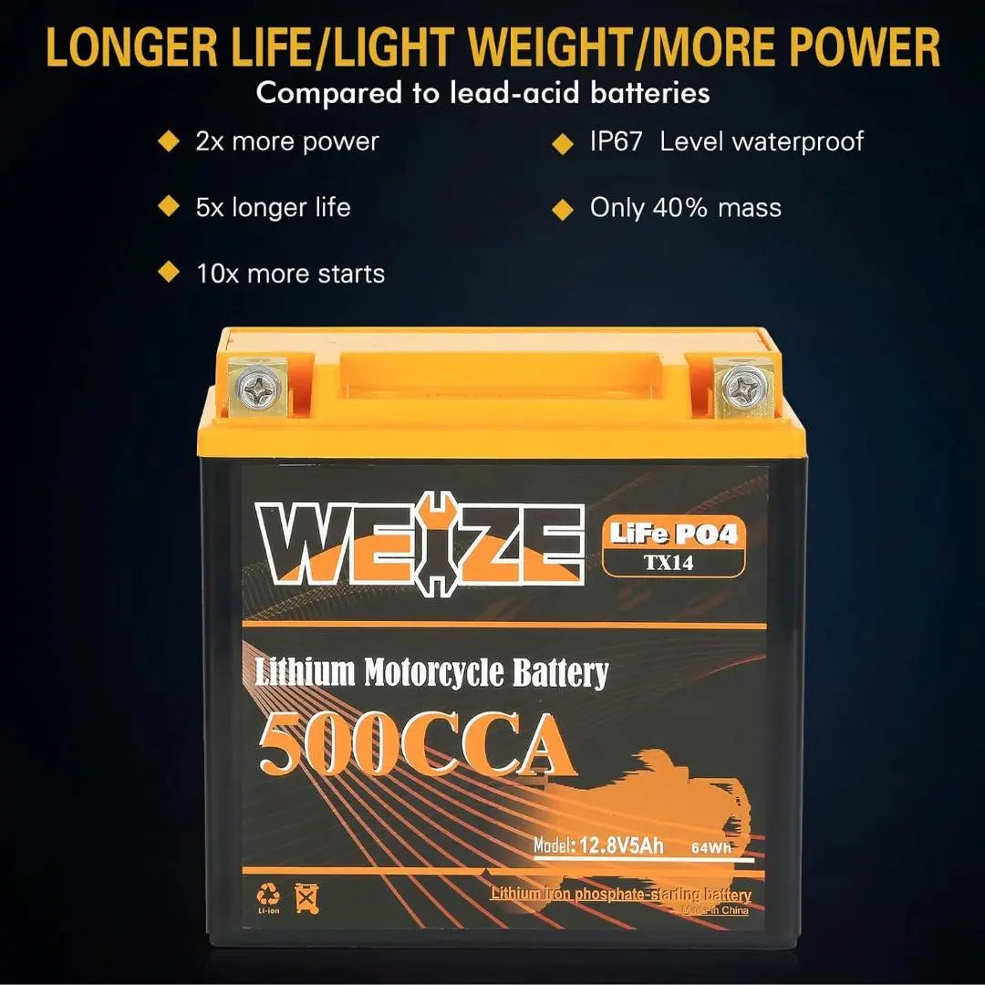 WEIZE 12V 5AH Lithium Group 14 LiFePO4 Motorcycle Battery - 500CCA High Performance, Lightweight & Long Lasting - Perfect for Harley, Honda, Yamaha & Other Motorcycles, ATVs, Scooters & Powersports Vehicles