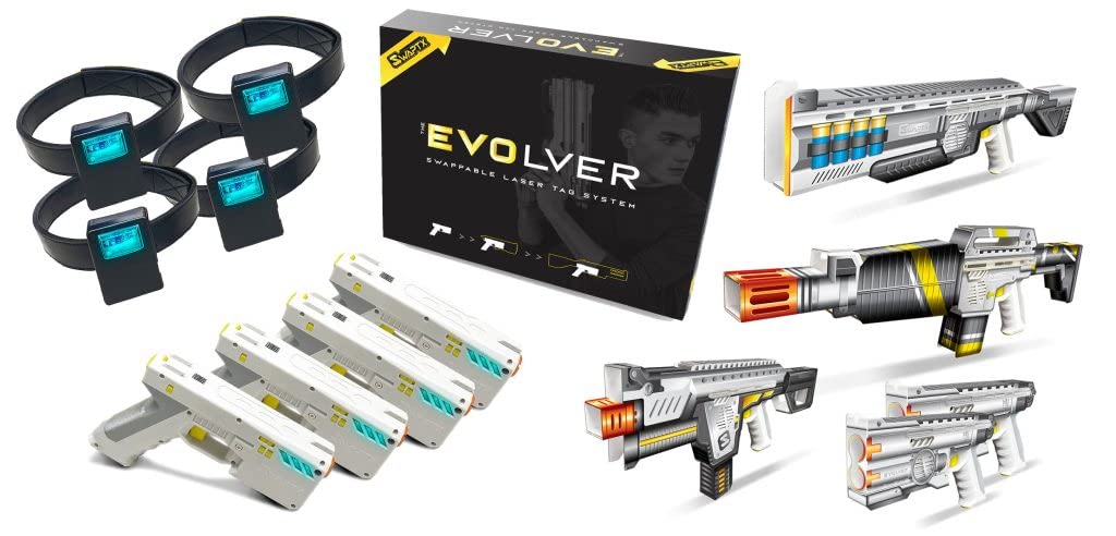 Evolver Laser Tag Gun Set with Headset Sensors - 4 Player Backyard Royale Bundle | Swappable Skin Blaster System for Outdoor Family Fun | Perfect for Birthday Parties, Team Building & Backyard Battles
