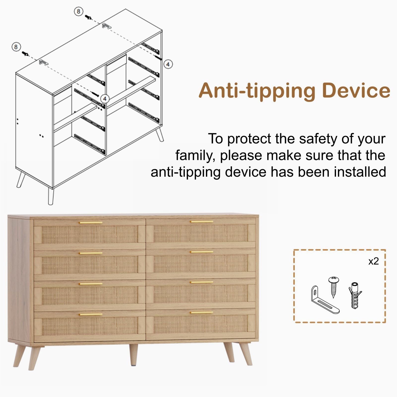 Rovaurx 8-Drawer Double Dresser - Modern Rattan Wooden Chest with Gold Handles for Bedroom, Living Room & Entryway - Stylish Storage Solution for Clothes, Linens & Home Organization