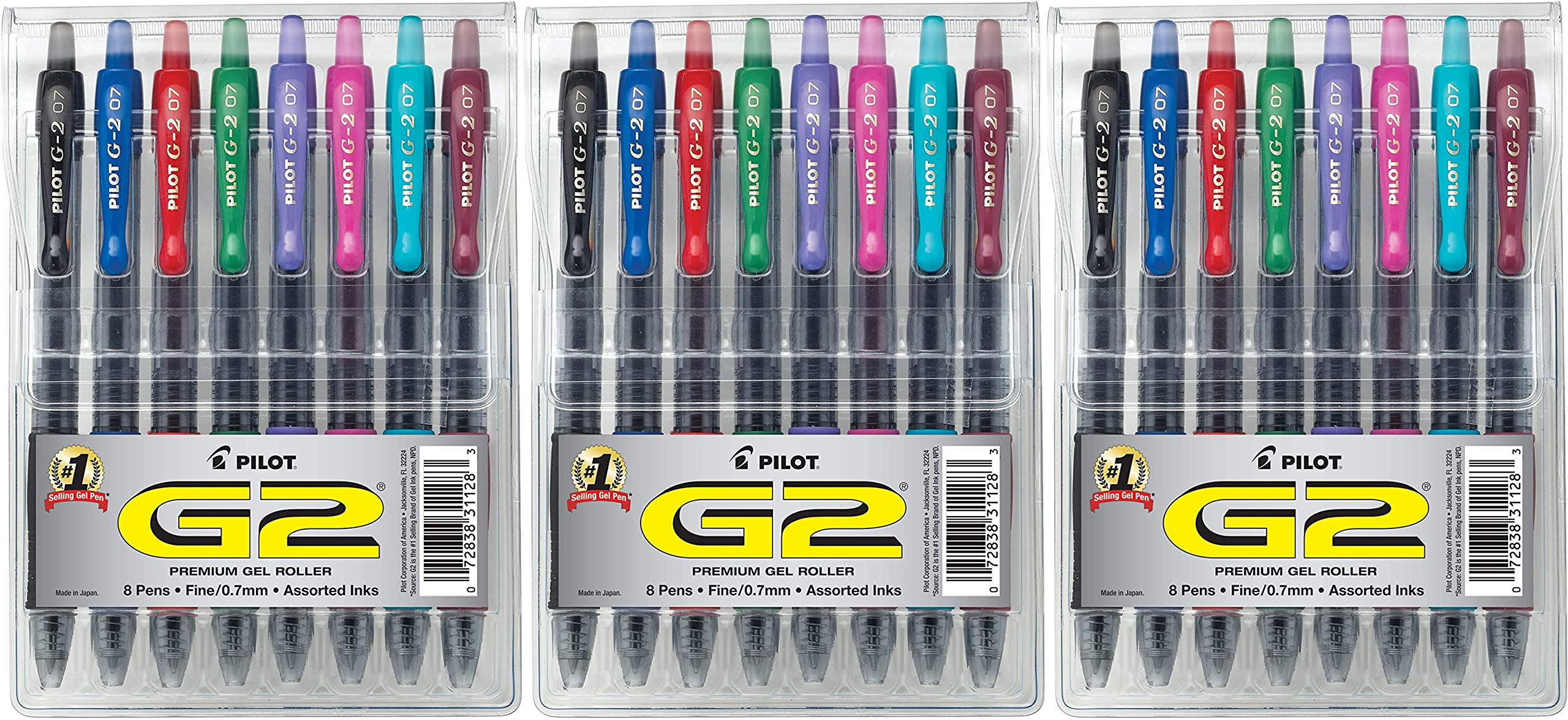 Premium PILOT G2 Retractable Gel Pens - Fine Point (0.7mm), 3-Pack with 8 Assorted Color Inks - Smooth Writing for Office, School & Note Taking - Refillable Rollerball Pens (Model 31128)