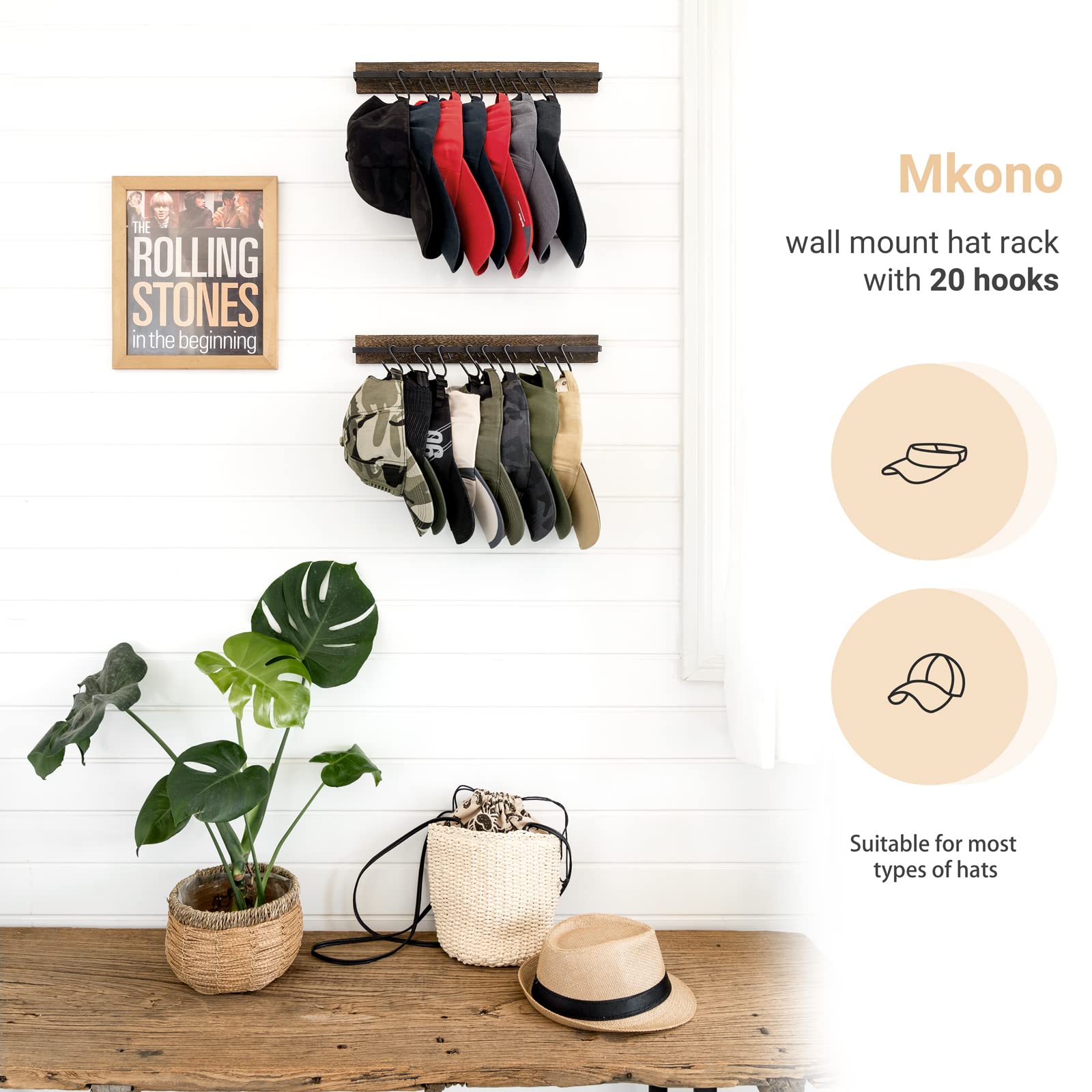 MKONO 3-Pack Wooden Wall Hat Rack & Tie Organizer - 20 Non-Slip Hooks for Baseball Caps & Accessories - Space Saving Closet Storage Solution for Men's Wardrobe Organization
