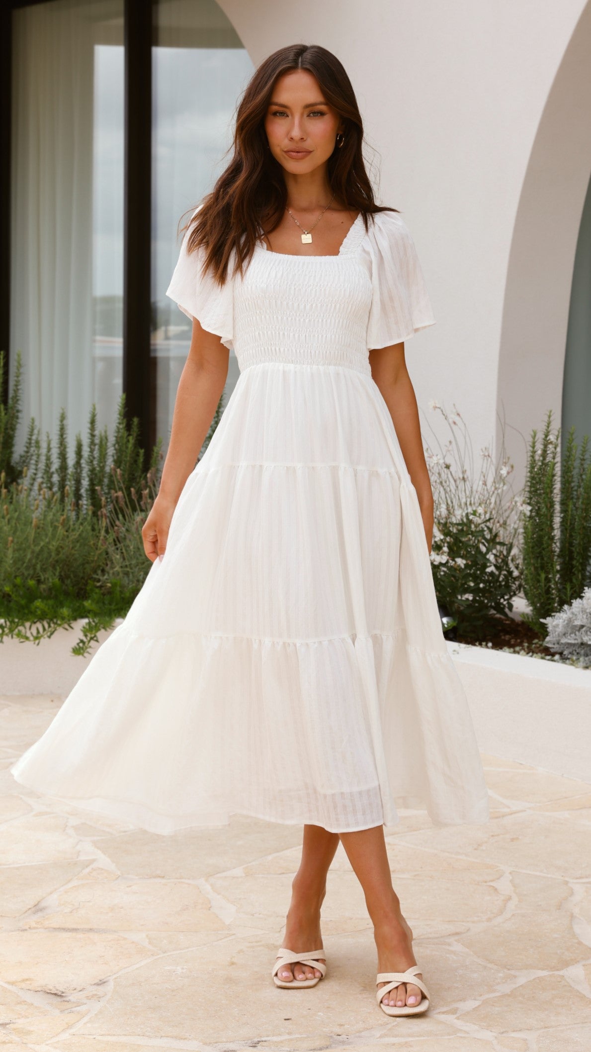 Lainey Midi Dress for Women - Elegant White Summer Dress for Casual Wear, Office, Party & Date Night | Flowy A-Line Knee Length Dress
