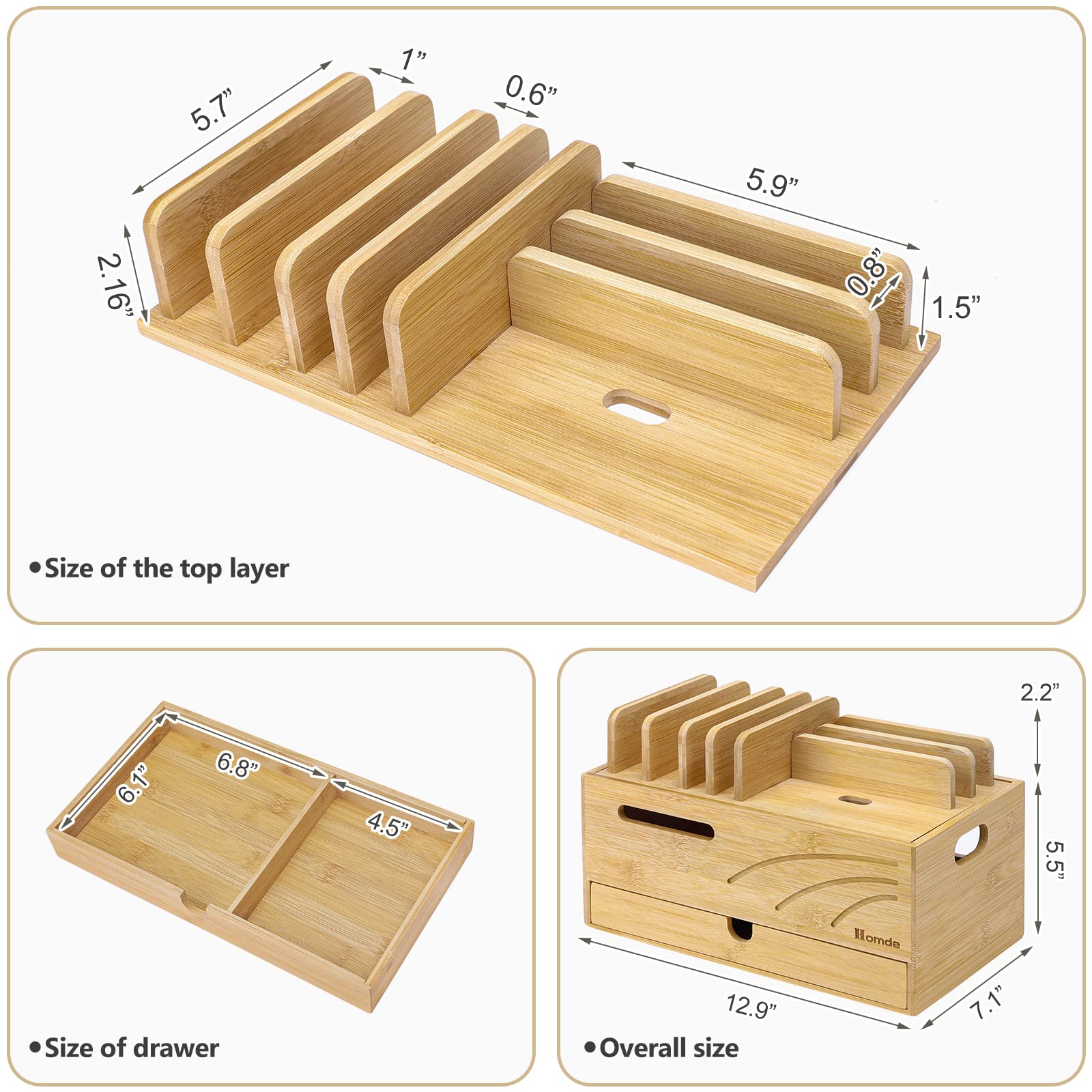 Premium Bamboo Charging Station Organizer - 6-Slot Multi-Device Cord Management Box for Phones, Tablets, Watches & Electronics | Natural Wood Desktop Charger Holder | Perfect for Home, Office & Travel Use
