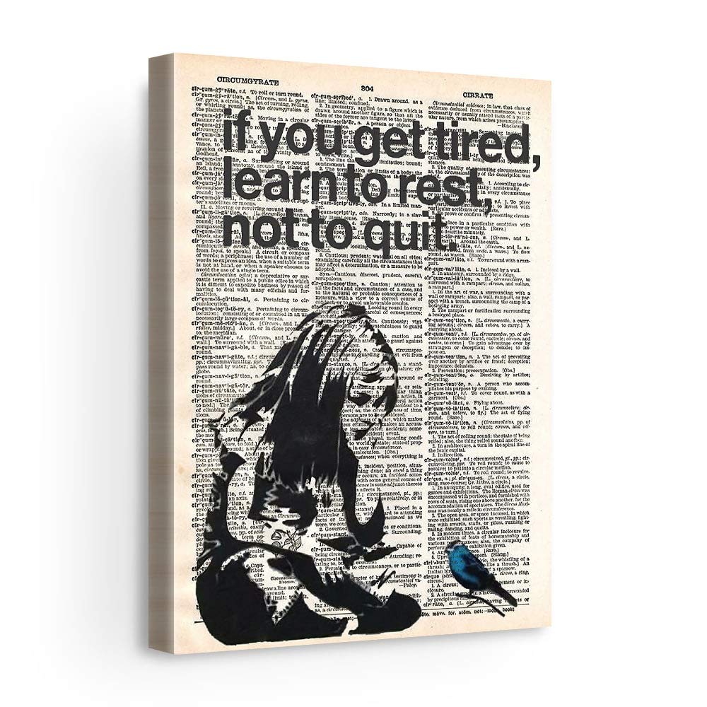 Banksy Vertical Collections Street Art Canvas - Ready to Hang Wall Decor (24x36 Inches, Gallery Wrapped, 'Girl If You Get Tired Learn To Rest Not To Quit' Dictionary Page Design) - Perfect for Living Room, Bedroom or Office - Made in USA