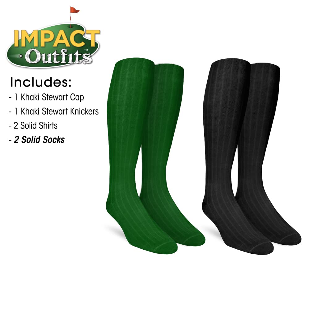 Impact Plaid Golf Outfits for Men - Khaki Stewart Tartan Pants & Shirt Set - Comfortable Stretch Fabric for Golf Course & Casual Wear