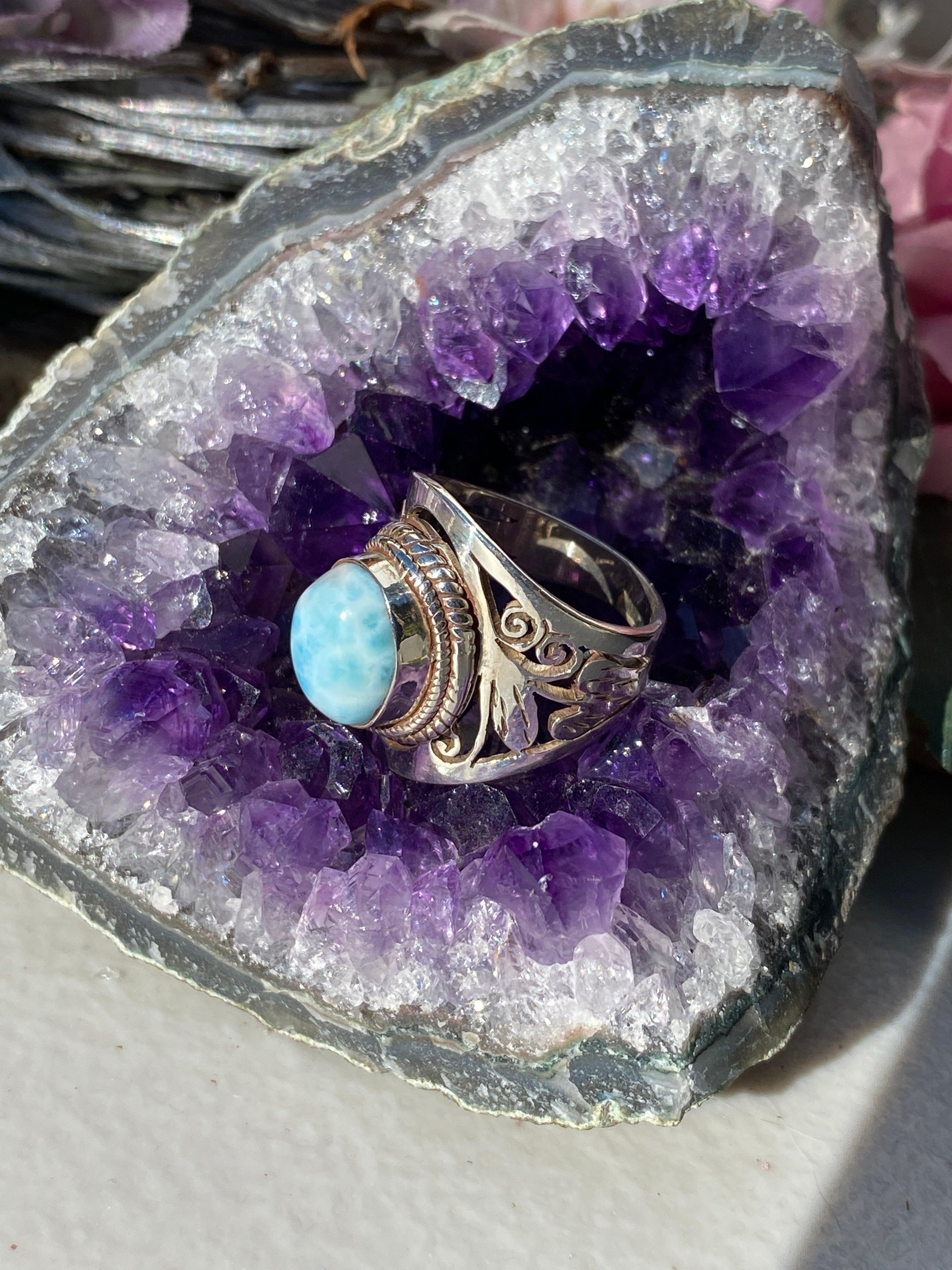 Larimar Oval Cabochon Ring with Detailed Banding - Handmade Sterling Silver Jewelry - Perfect for Beach Weddings & Boho Fashion