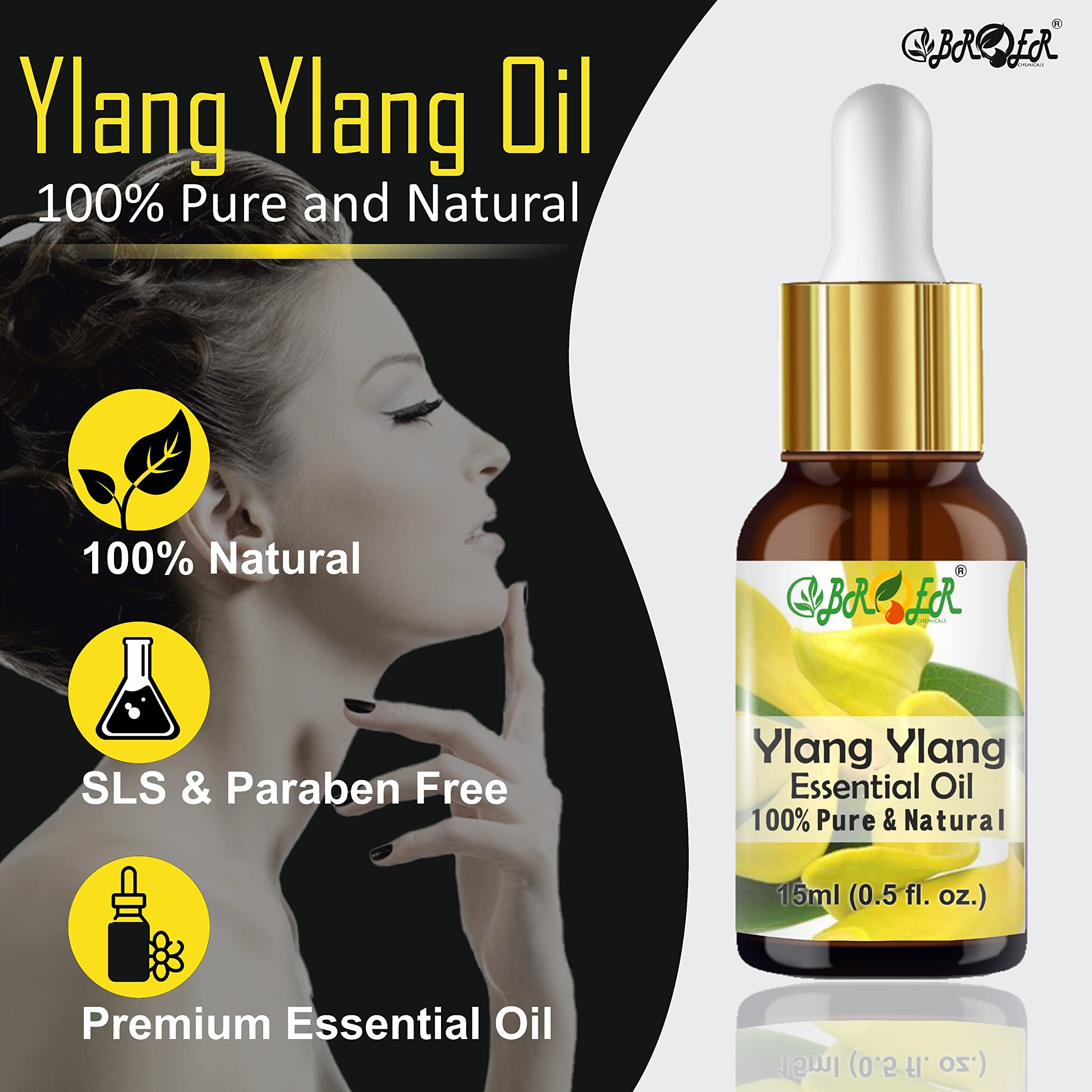BROER 100% Pure Ylang Ylang & Rose Essential Oil Set - 15ml Each, Undiluted Natural Aromatherapy Oils for Skin Care, Hair Growth & Relaxation - Perfect for Diffusers, Massage & DIY Beauty Products (2-Pack, 30ml Total)