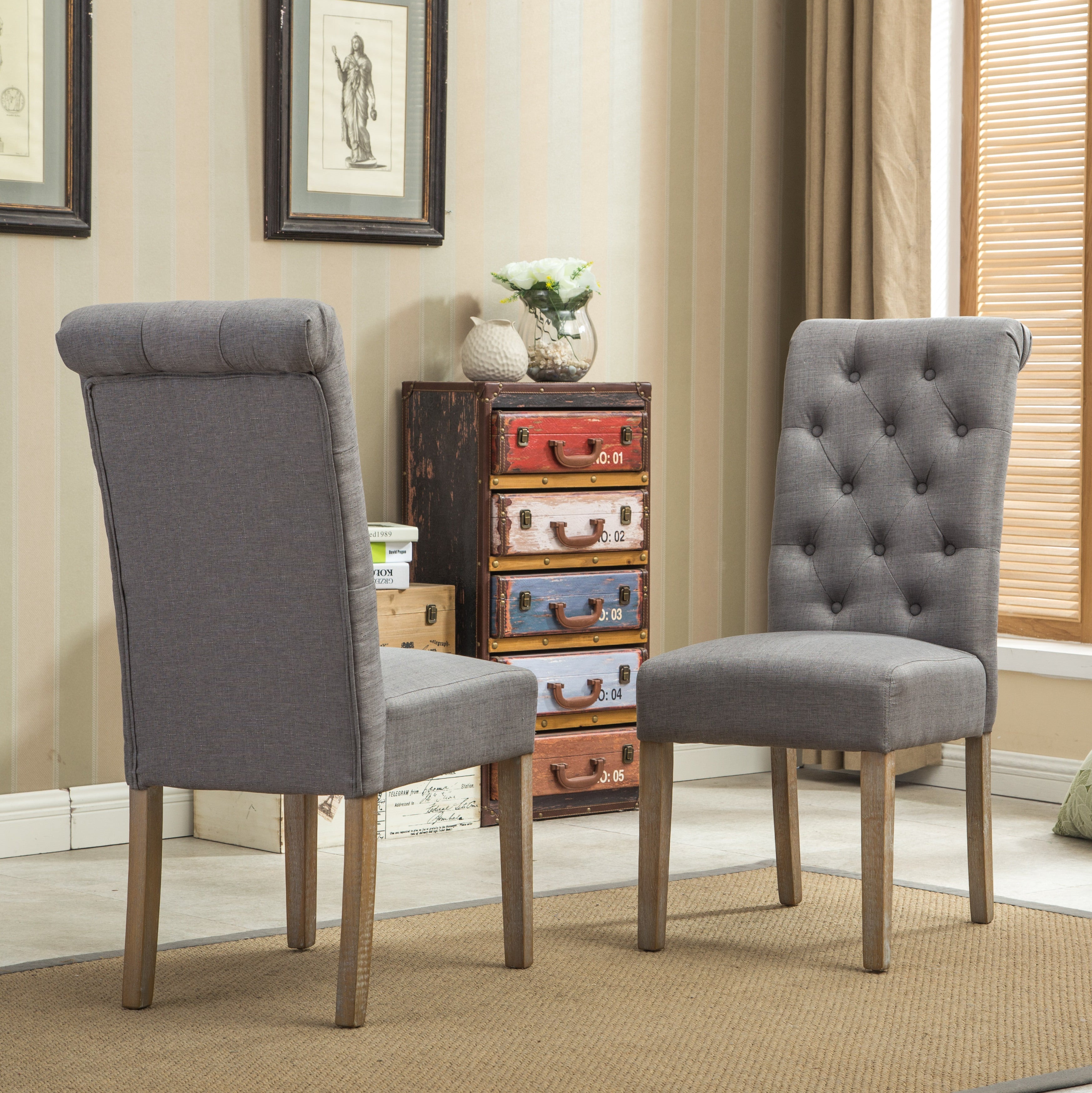 Roundhill Furniture Solid Wood Tufted Parsons Dining Chairs - Set of 2, Grey - Modern Farmhouse Style for Dining Room, Kitchen, or Home Office