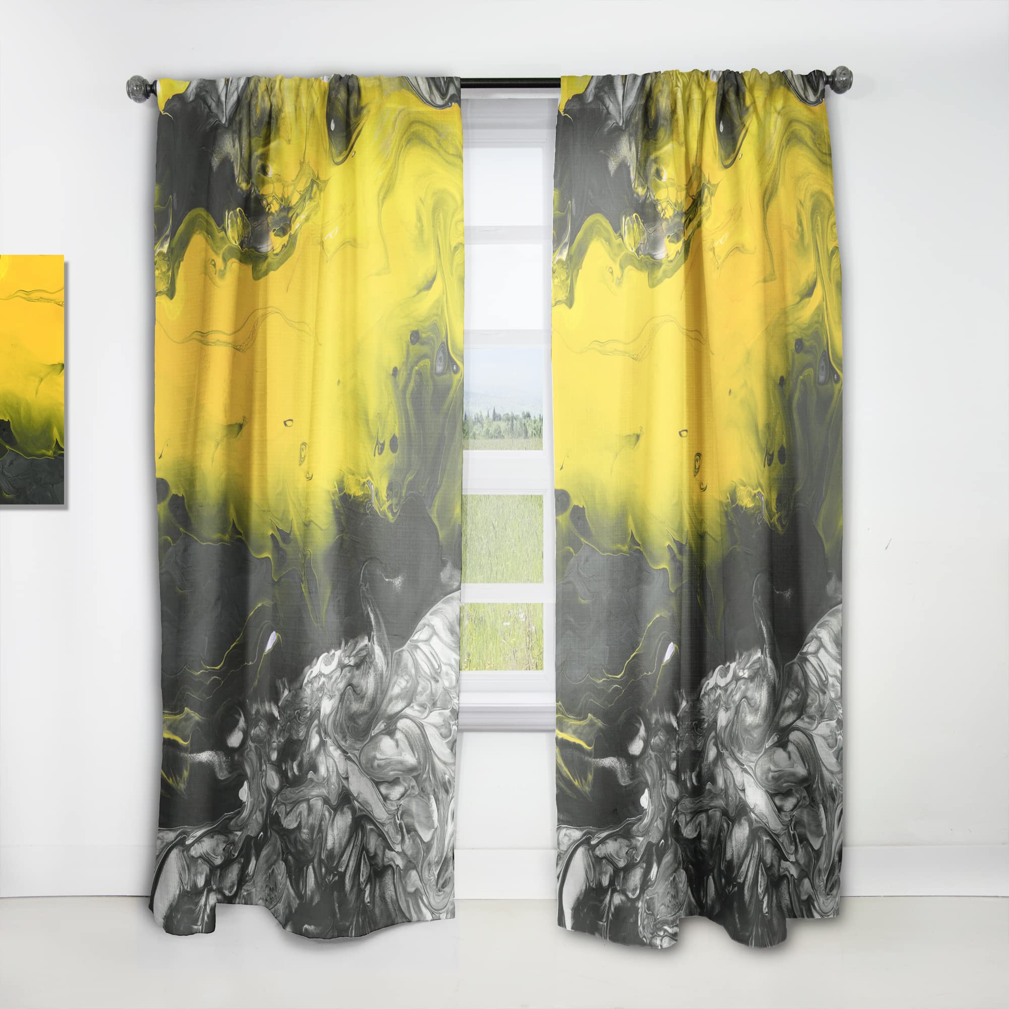 White, Black & Yellow Marbled Acrylic Painting Thermal Insulated Curtains - Single Panel 52x63 - Elegant Window Drapes for Bedroom & Living Room Decor | Perfect for Home, Office & Apartment