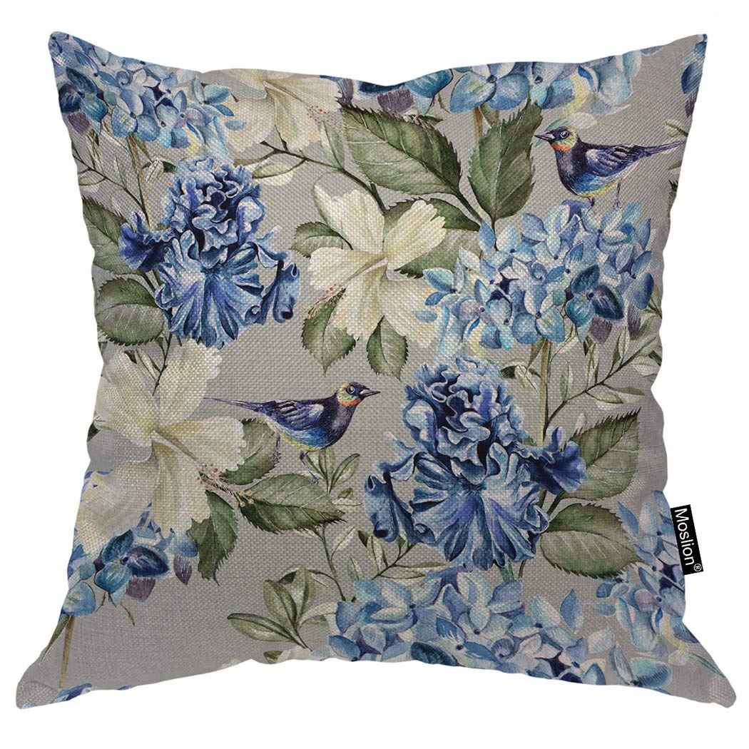 Floral Throw Pillow Cover 18x18 Inch - Hydrangea Hibiscus Iris Bird Leaf Design, Decorative Square Cushion Case for Sofa Bedroom Living Room, Blue Green Cotton Linen Home Accent Pillow | Perfect for Spring Decor, Farmhouse Style & Cozy Home Makeover