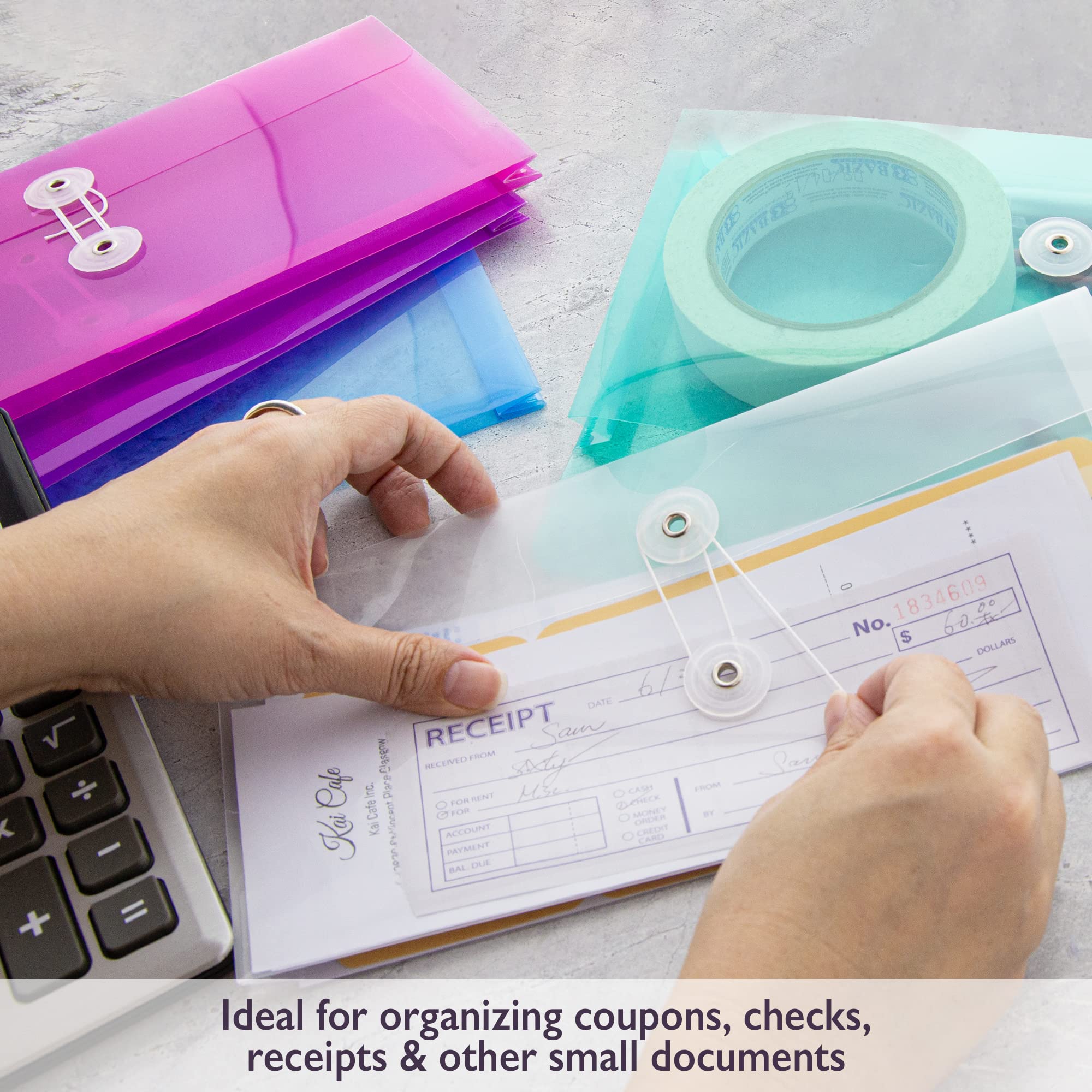 BAZIC Plastic Envelope Poly Envelopes - Coupon Size Check File Folders for Bills & Receipts with String Closure - Home & Office Supplies (3/Pack, 144-Packs) - Perfect for Organizing Documents, Coupons, and Financial Records