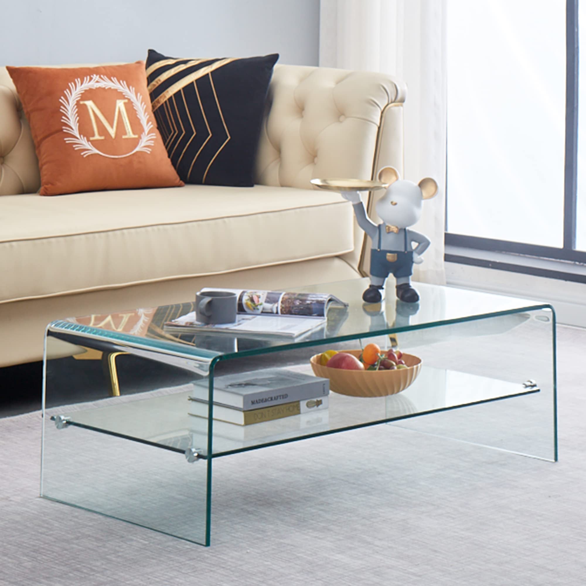 Modern Clear 2-Tier Waterfall Tempered Glass Coffee Table with Storage - 19.7