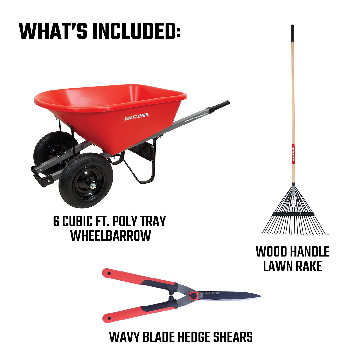CRAFTSMAN CMXMKIT0190 3-Piece Leaf Clean-Up Set - Wavy Blade Hedge Shears, 22-Tine Wood Handle Lawn Rake & 6 Cu. Ft. Poly Tray Wheelbarrow (Red) - Perfect for Yard Work, Gardening, and Fall Leaf Cleanup