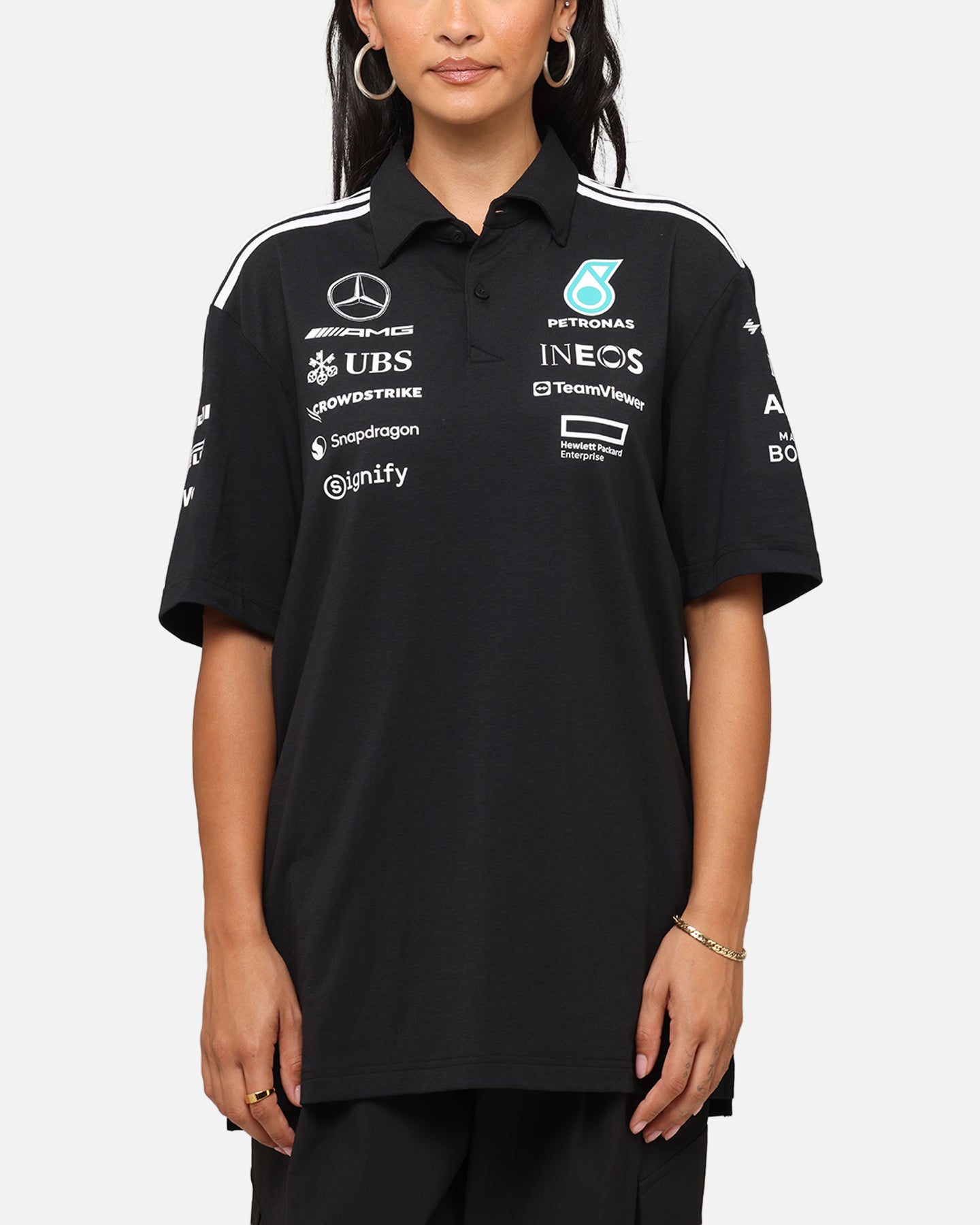 Adidas x Mercedes AMG PETRONAS F1 Team 2025 Polo Shirt - Black & White - Official Formula One Racing Apparel for Fans & Enthusiasts - Perfect for Race Day, Sports Events & Casual Wear