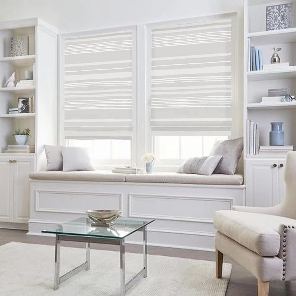 Cordless Roman Shades - Grey Stripe Blackout & Light Filtering Window Blinds | 10% Linen Fabric Custom Shades for Windows, French Doors & Kitchen | Perfect for Bedrooms, Living Rooms & Home Offices