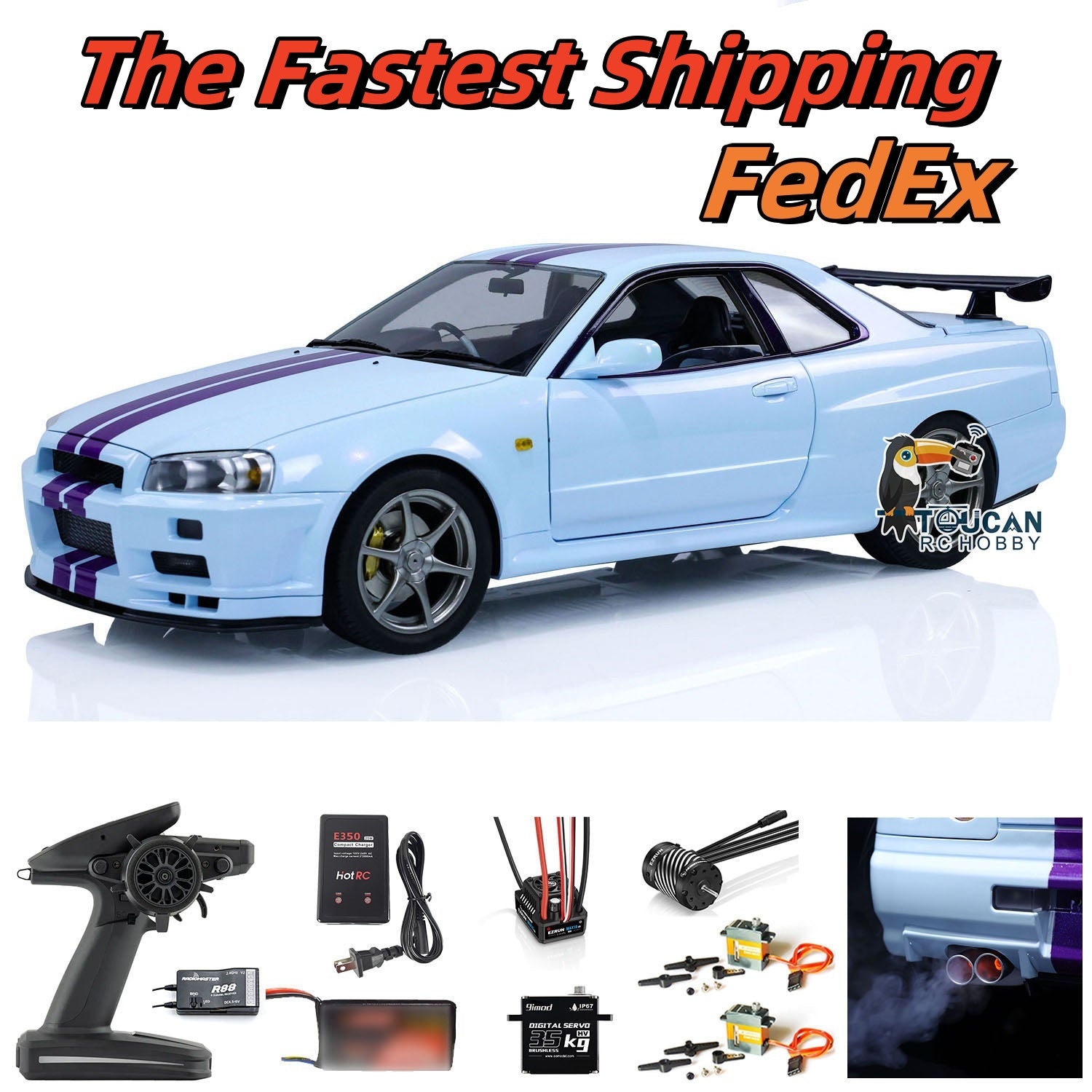 1/8 Scale R34 RC Racing Car 4WD High Speed Remote Control Drift Car with Metal Chassis, Smoke & Sound Effects - Ready to Run (RTR) - Perfect for Off-Road Racing, Drifting & Backyard Fun