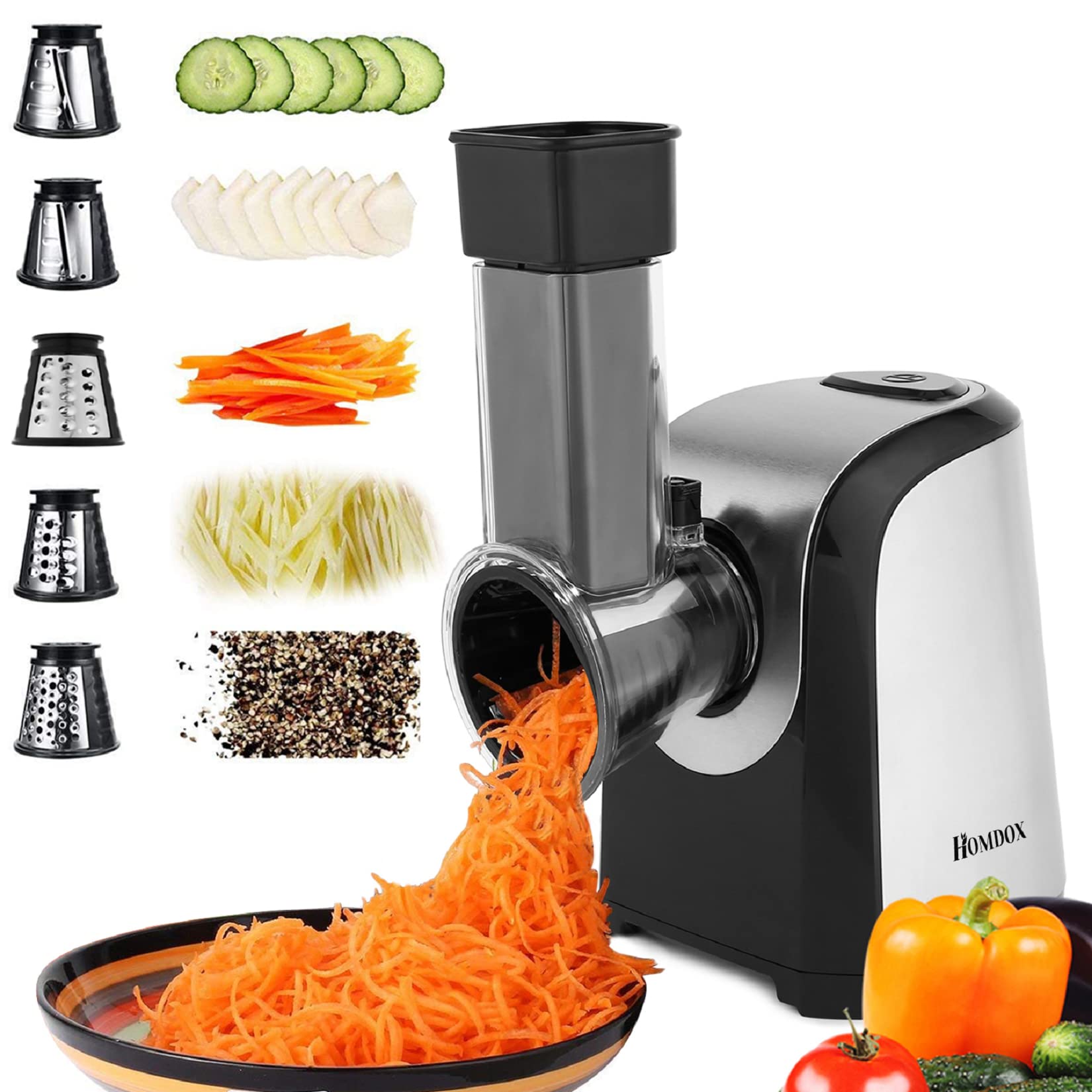 Homdox Electric Salad Maker & Cheese Grater - 5 Stainless Steel Rotary Blades for Slicing, Shredding Vegetables & Cheese | One-Touch Control | Perfect for Meal Prep, Healthy Snacks & Party Platters