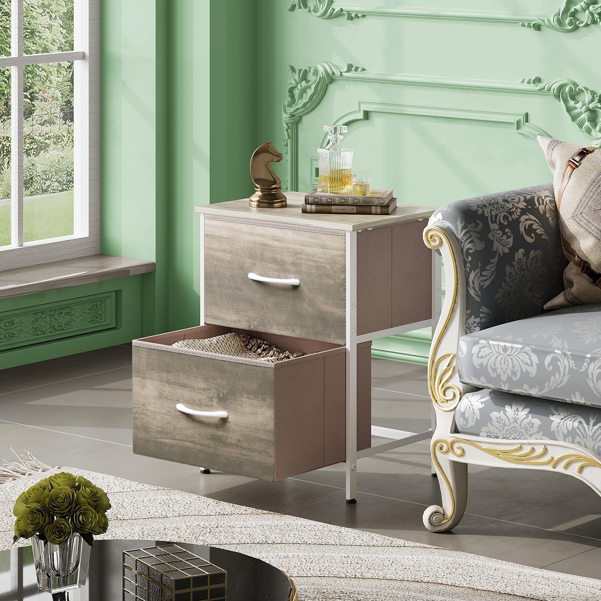 WLIVE Nightstand with 2 Drawers - Small Dresser for Bedroom, Bedside Table with Fabric Bins - Greige Oak Finish - Perfect for Bedroom, Closet, College Dorm & Small Space Organization