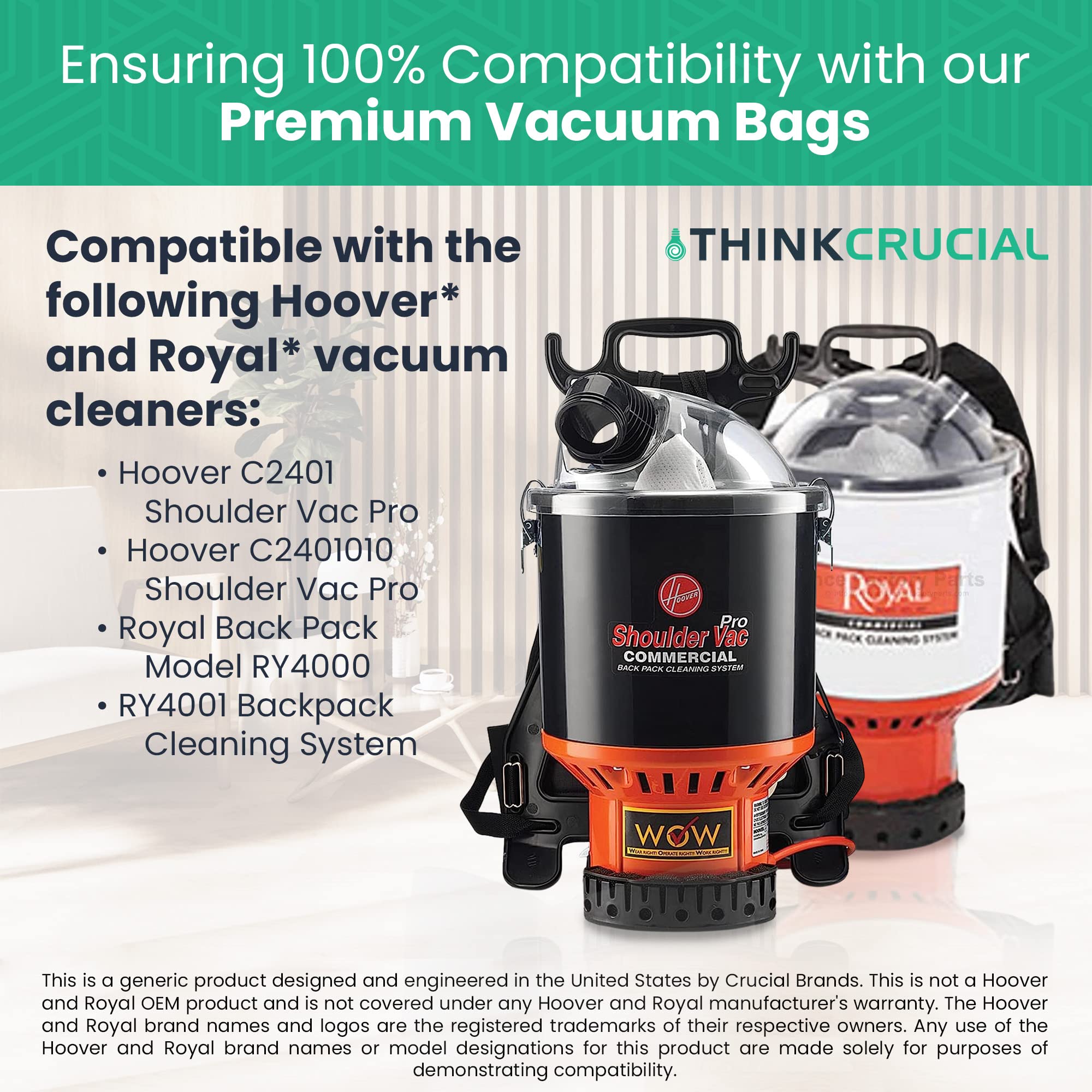 Think Crucial Replacement Vacuum Bag and Filter - Compatible with Hoover Part #2KE2110000, 2-KE2110-000 - Fits Hoover Vacuum Models C2401, RY4001 - Bulk (1 Bag & 1 Filter) - Perfect for Home Cleaning, Pet Hair Removal, and Allergen Reduction