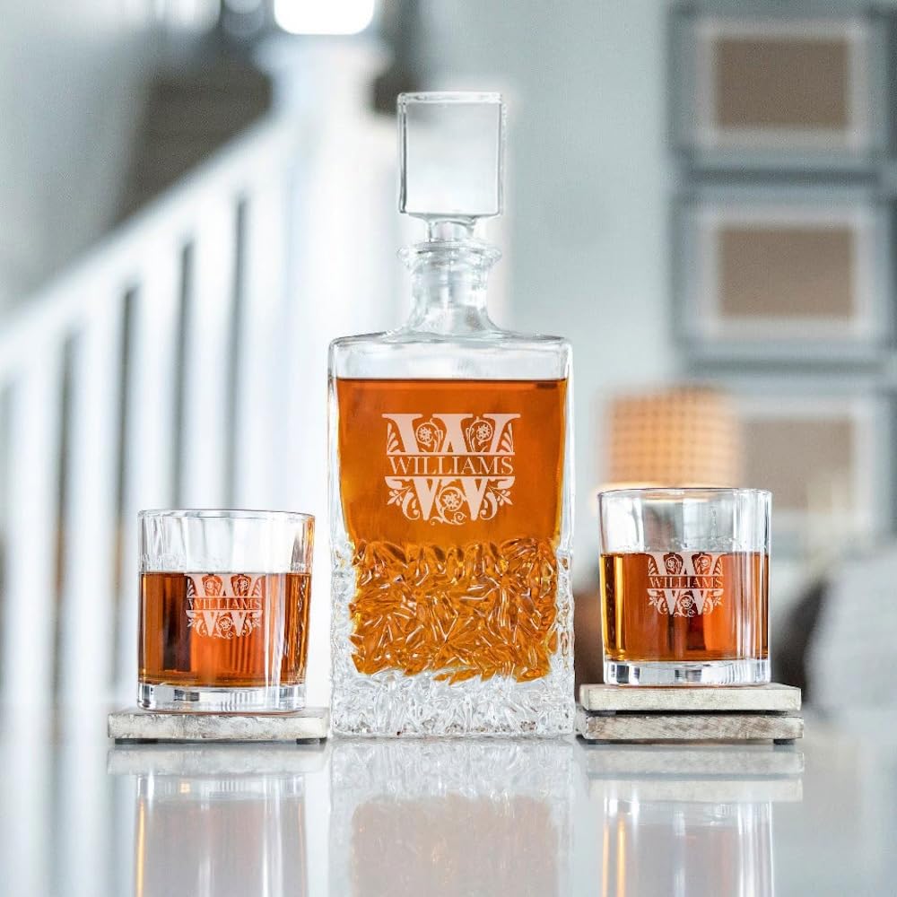 Custom Engraved Whiskey Decanter Set with 2 Glasses - Personalized Gifts for Men - Perfect for Home Bars & Special Occasions