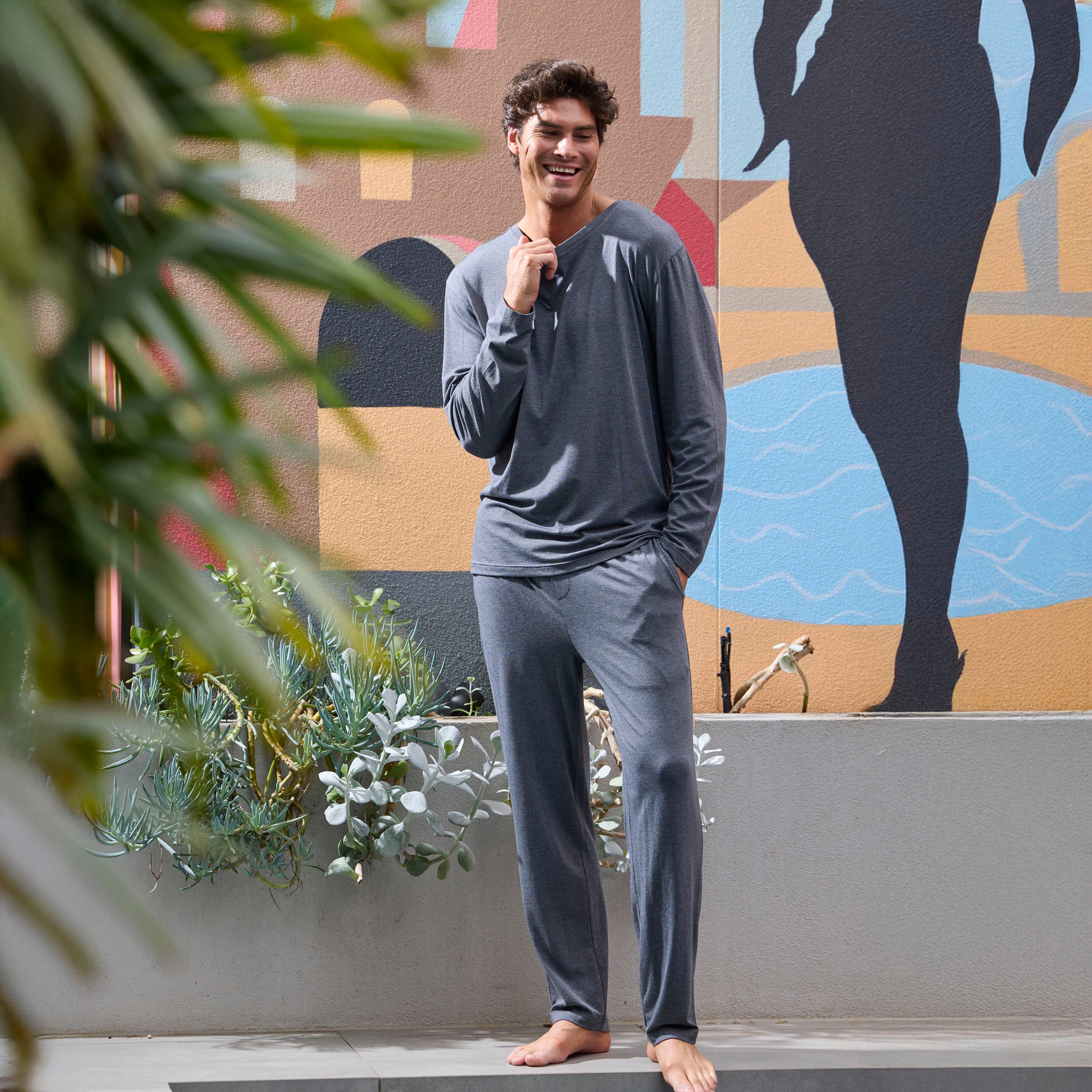 Men's Soft Bamboo Long Sleeve Sleep T-Shirt - Grey Marle - Comfortable Nightwear for Relaxing at Home & Lounge Wear