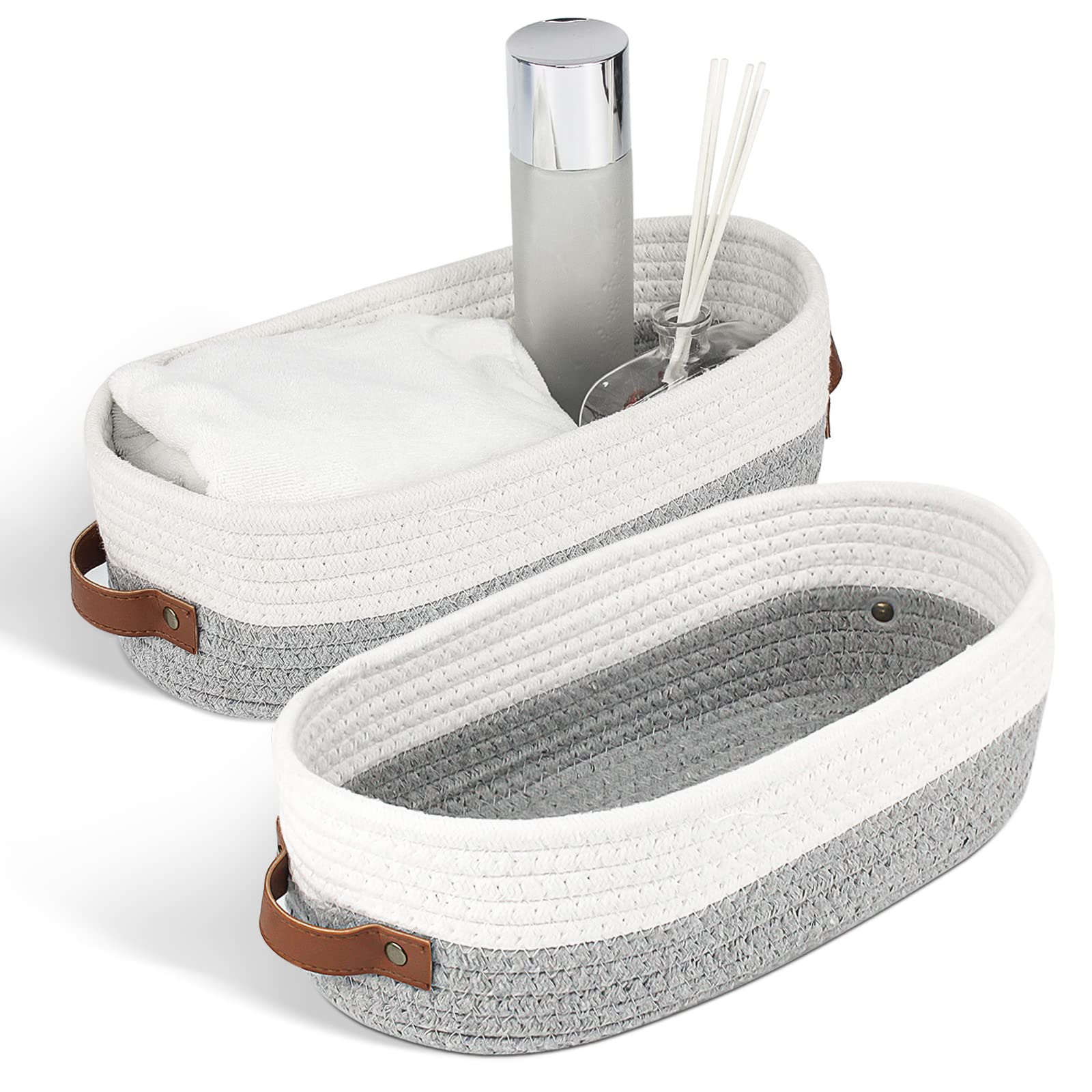 2-Pack Cotton Woven Bathroom Storage Baskets - Decorative Countertop Organizer for Toilet Paper, Cosmetics, Perfume & Personal Items | Perfect for Vanity, Shelf & Bathroom Decor Organization