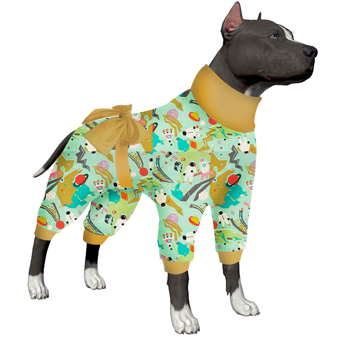 LovinPet Large Dog Pajamas - Mint Outer Space Print Onesie for Wound Care & Post-Surgery Recovery | UV Protection Anxiety Relief Shirt for Dogs | Comfortable Pet PJs in Yellow | Perfect for Post-Op Care, Anxiety Relief & Indoor Lounging