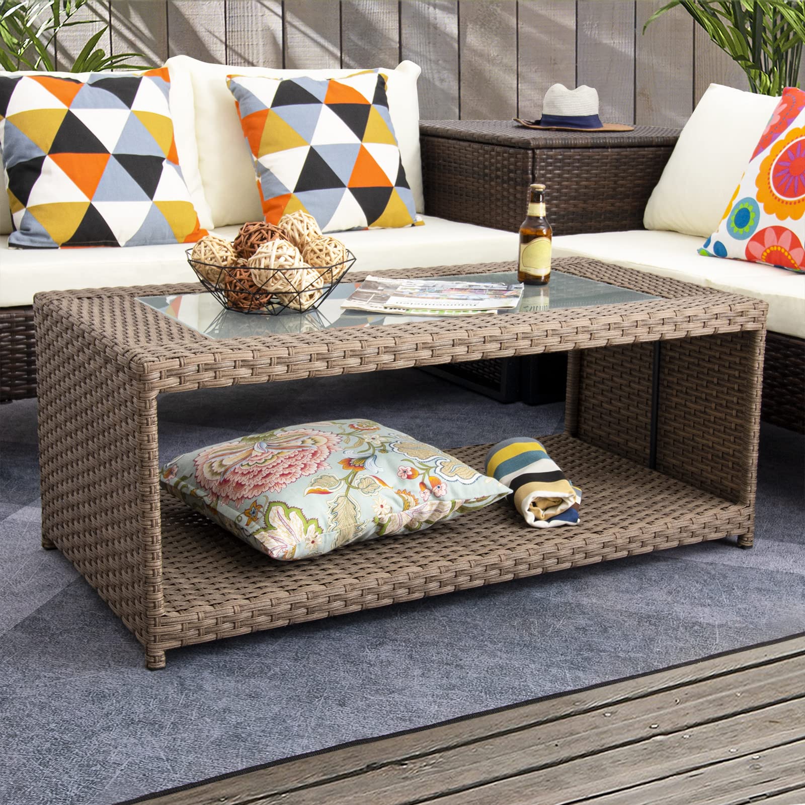 DIMAR GARDEN Outdoor Coffee Table - Wicker Rattan Patio Side Table with Storage & Tempered Glass Top - Modern Luxury Furniture for Garden, Balcony, Poolside - Light Brown