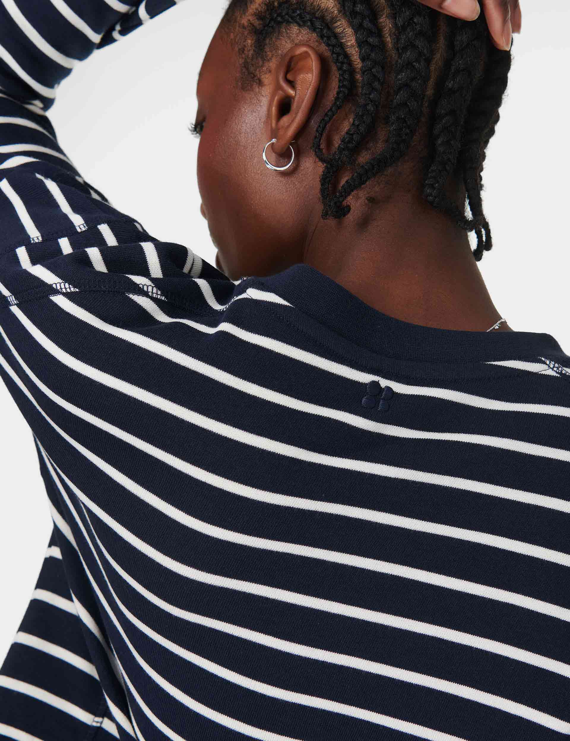 After School Crop Sweatshirt for Women - Navy & White Striped Pullover - Casual Wear for College, Gym, and Street Style